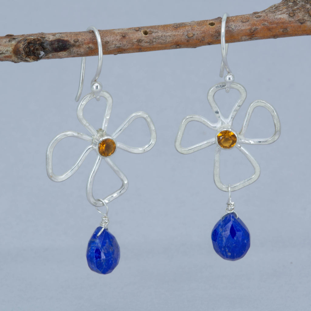 Flower and Gemstone Earrings in Sterling Silver and Gold, OOAK