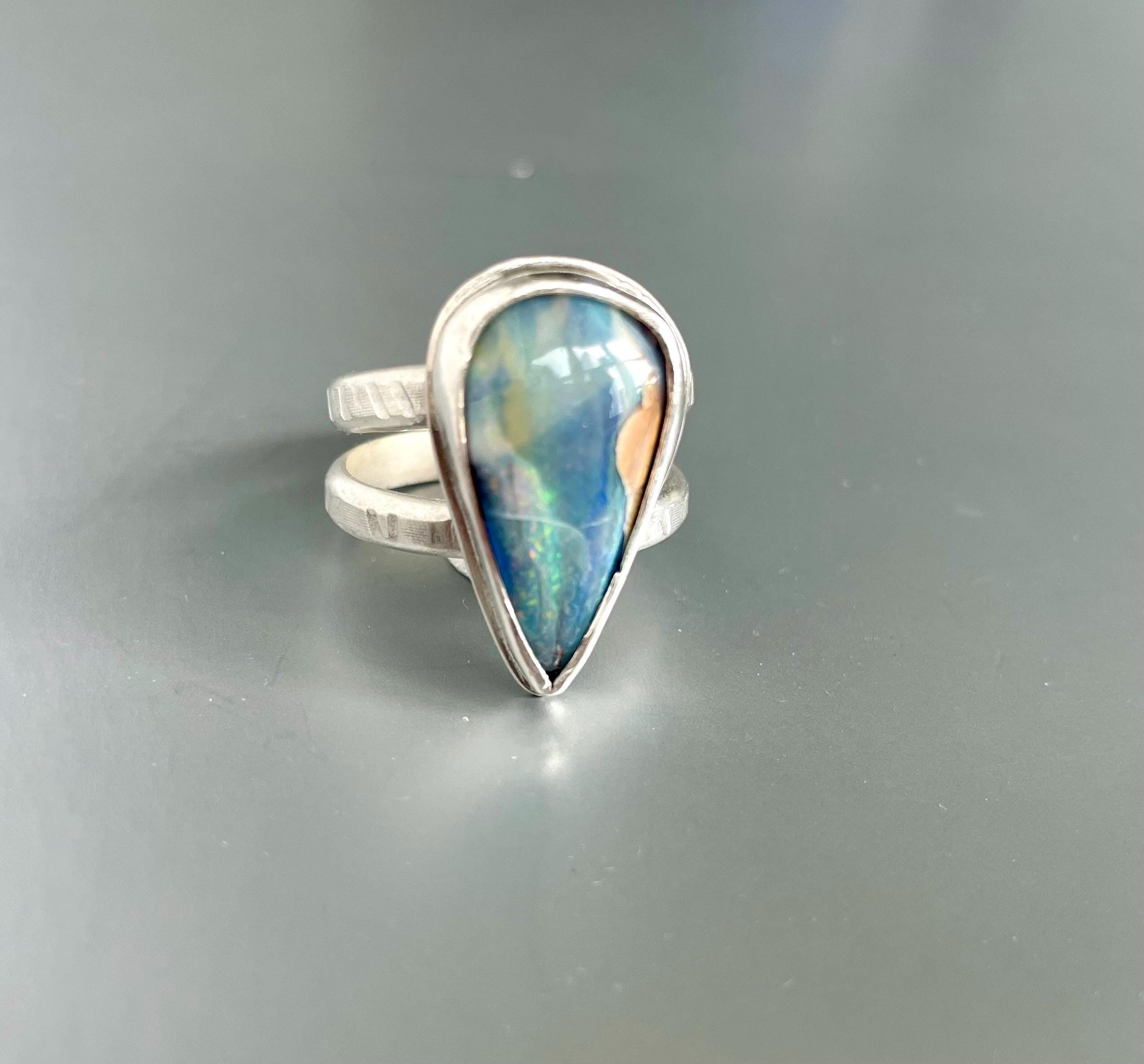 Boulder Opal Ring: Large Pear-Shaped Pastel Argentium Silver, US Size 8.5