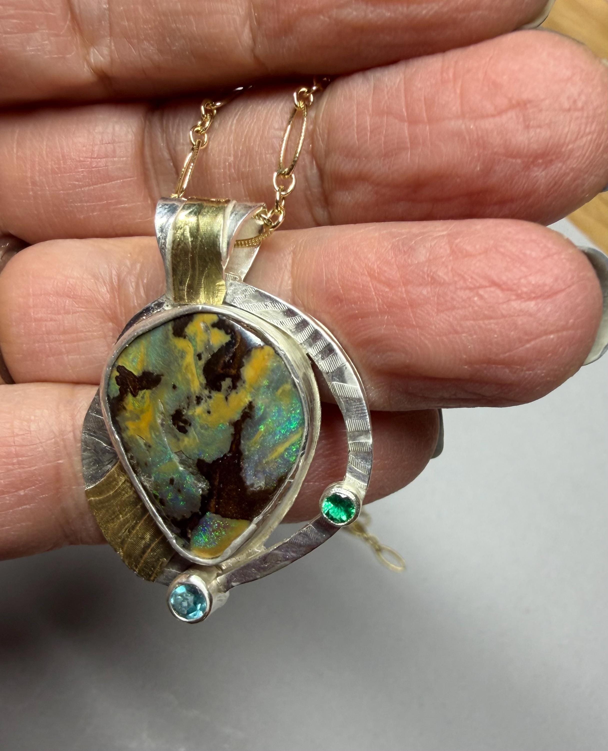 Boulder Opal Necklace in Sterling Silver and Gold, Green Flash Opal Pendant, OOAK