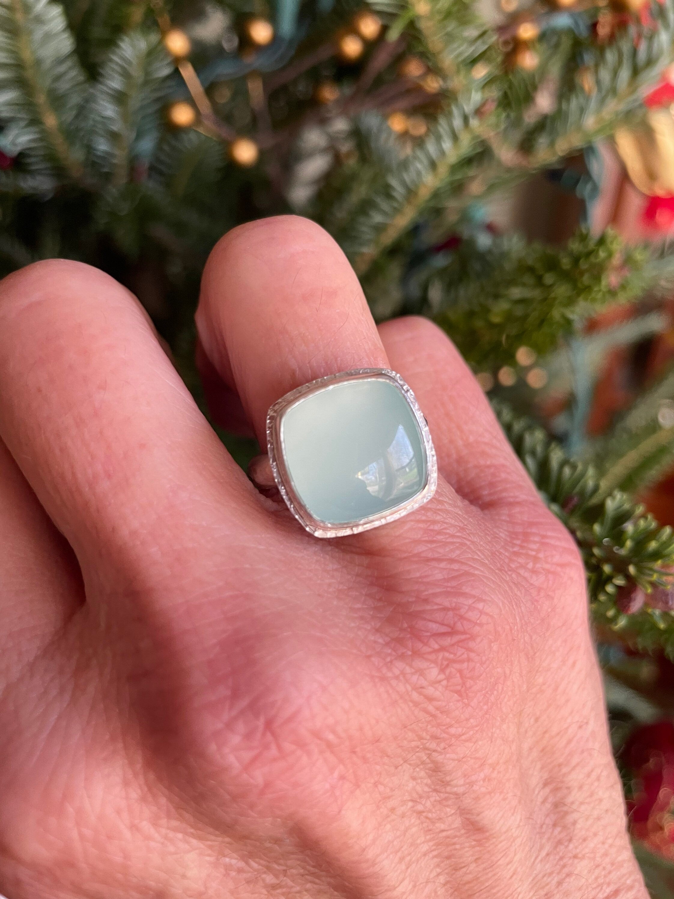 Aqua Chalcedony Silver Ring: Cushion Cut Seafoam Green Cocktail Ring, Size 9