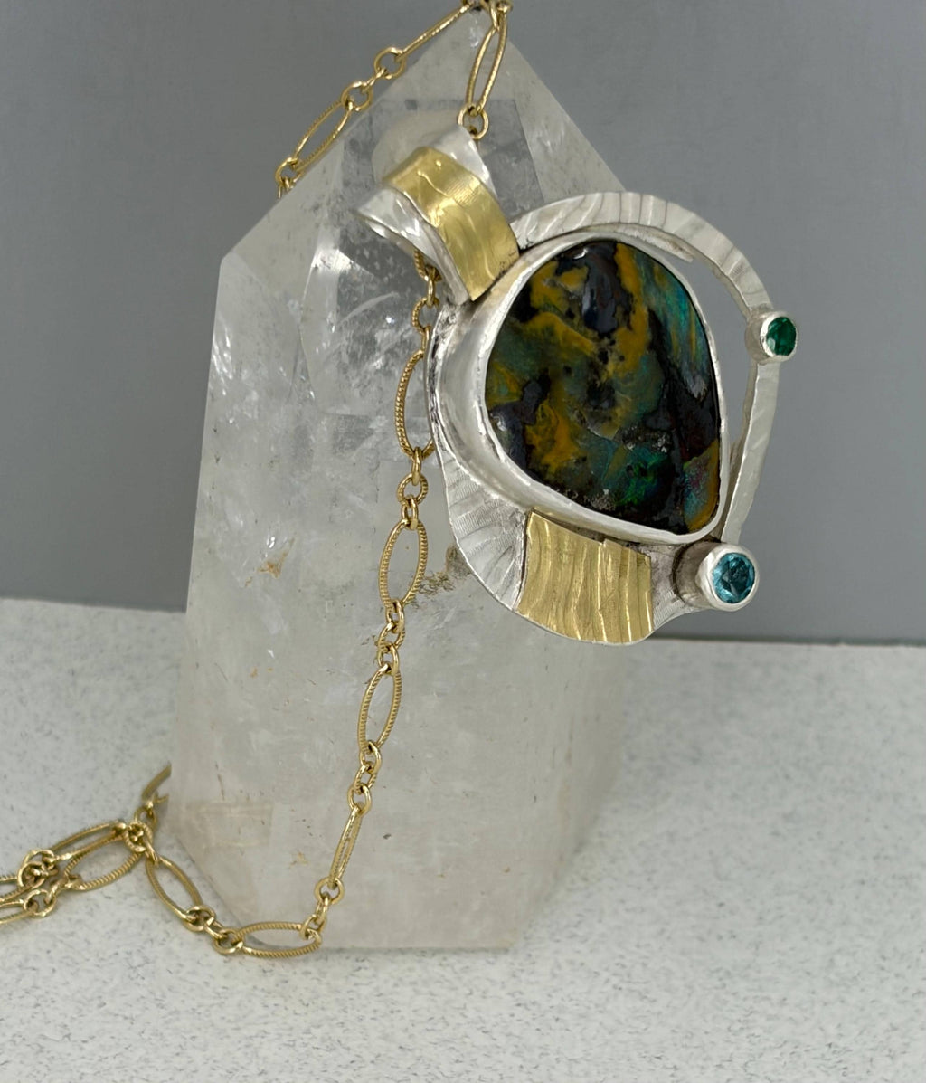 Boulder Opal Necklace in Sterling Silver and Gold, Green Flash Opal Pendant, OOAK
