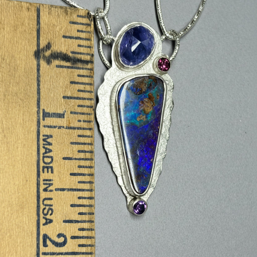 Boulder Opal Necklace: Purple Opal with Tanzanite and Mixed Stones, OOAK Australian Opal