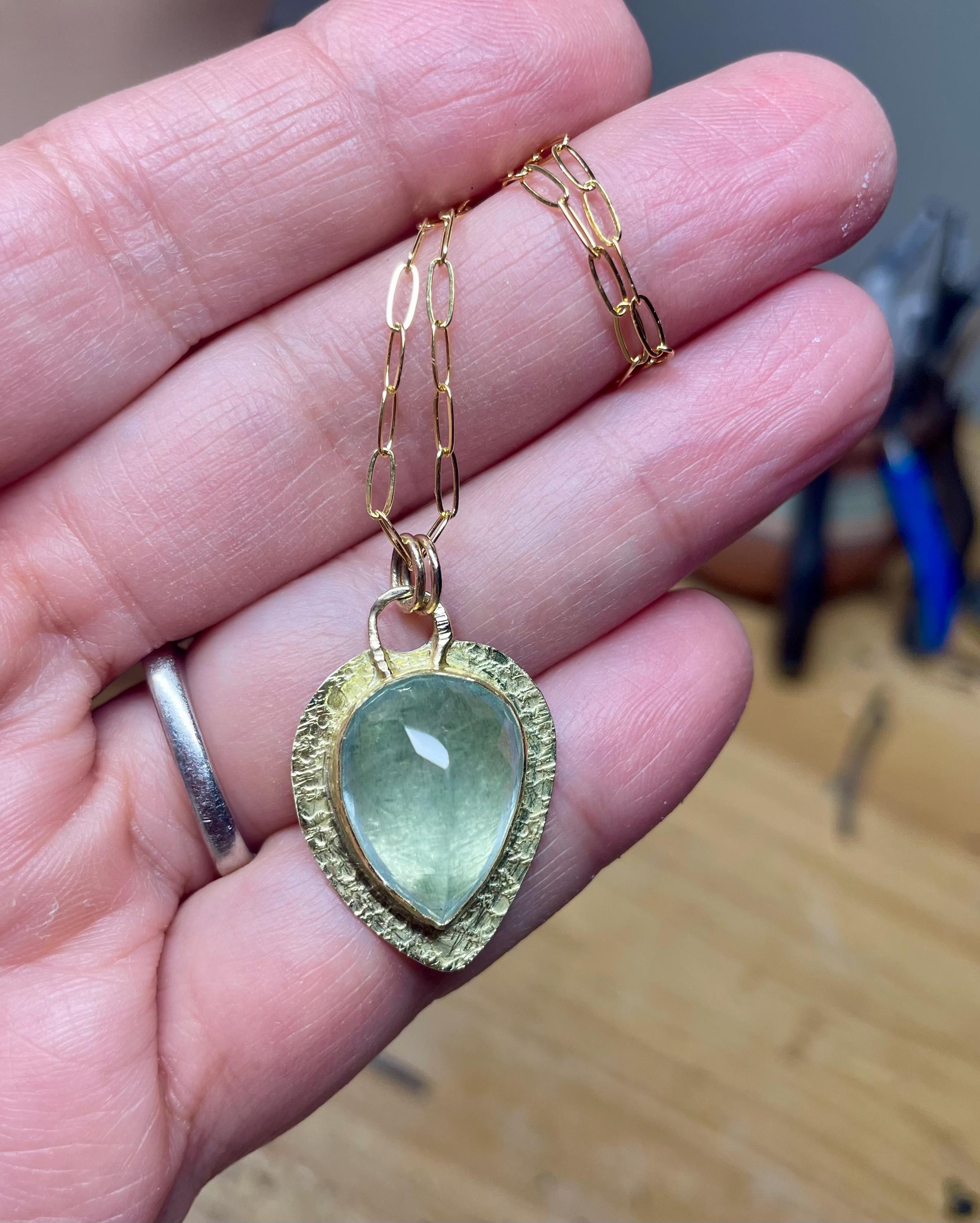 Large Moss Aquamarine Pendant: 18K Gold Textured Bezel, March Birthstone