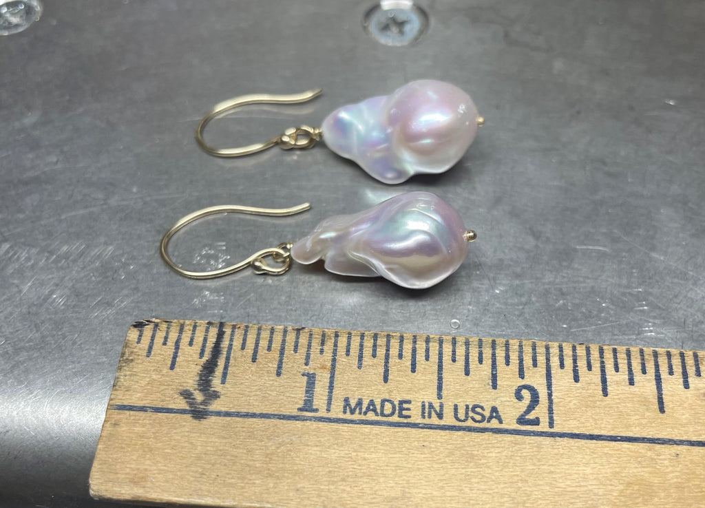 14K Gold Baroque Pearl Dangle Earrings: Large White Pearl, June Birthstone