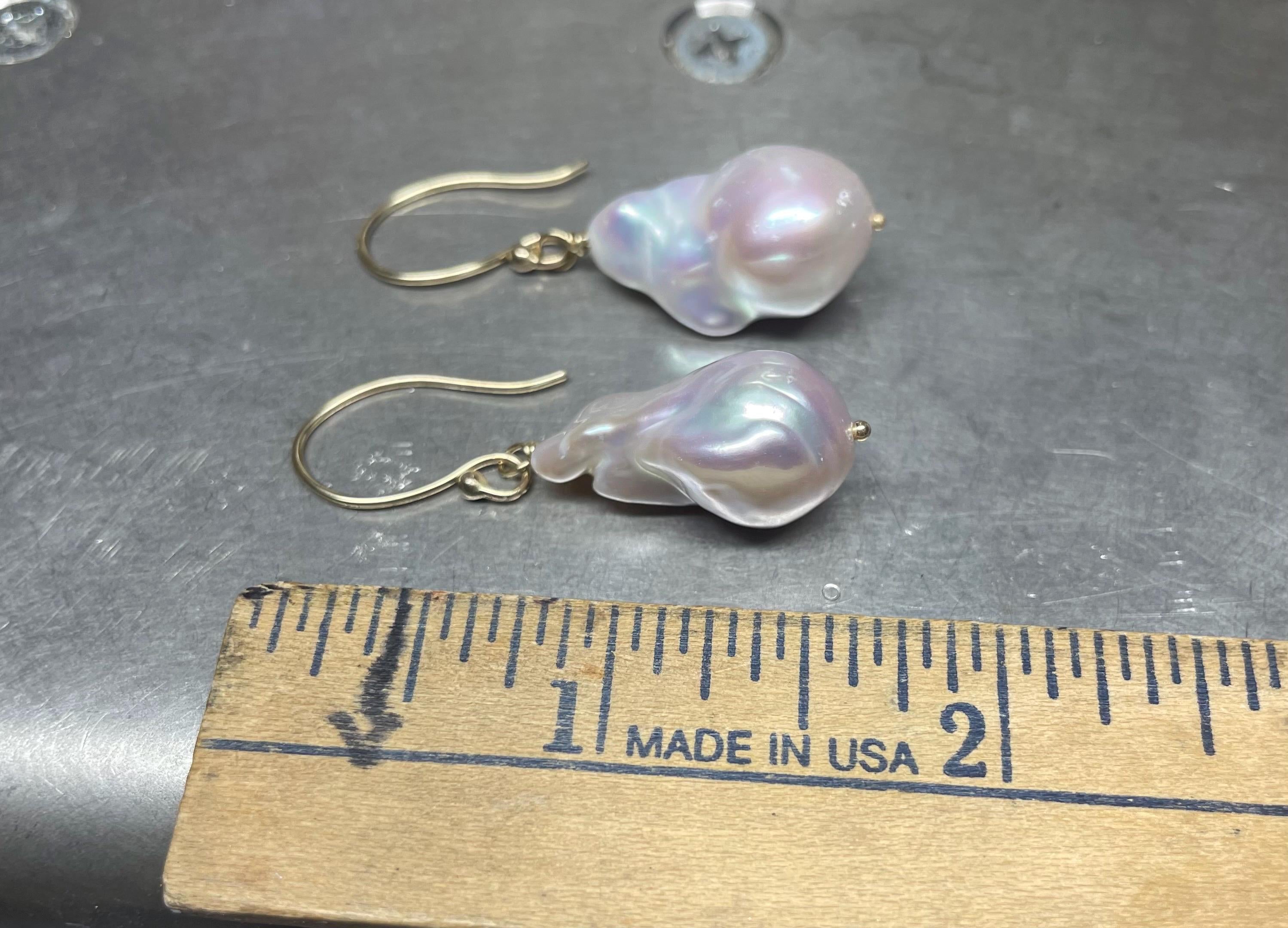 14K Gold Baroque Pearl Dangle Earrings: Large White Pearl, June Birthstone