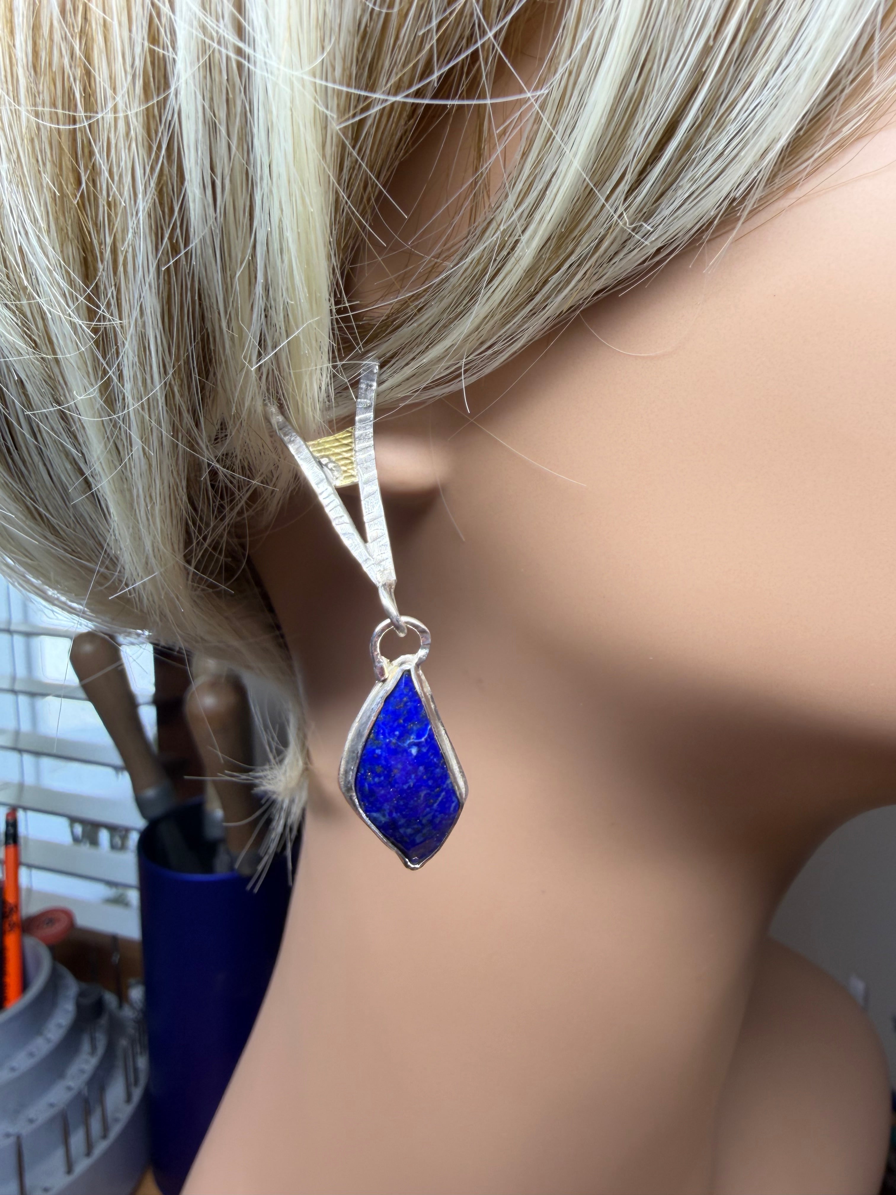Lapis Dangle Earrings: Silver & 18K Gold, Blue Stone Metalwork Earrings