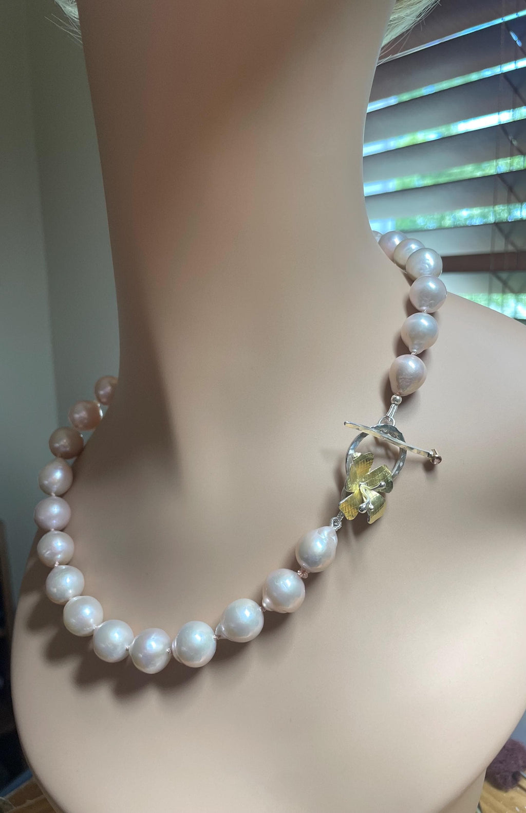 Blush Baroque Pearl Necklace: 18K Gold Flower Toggle, Hand-Knotted Silk