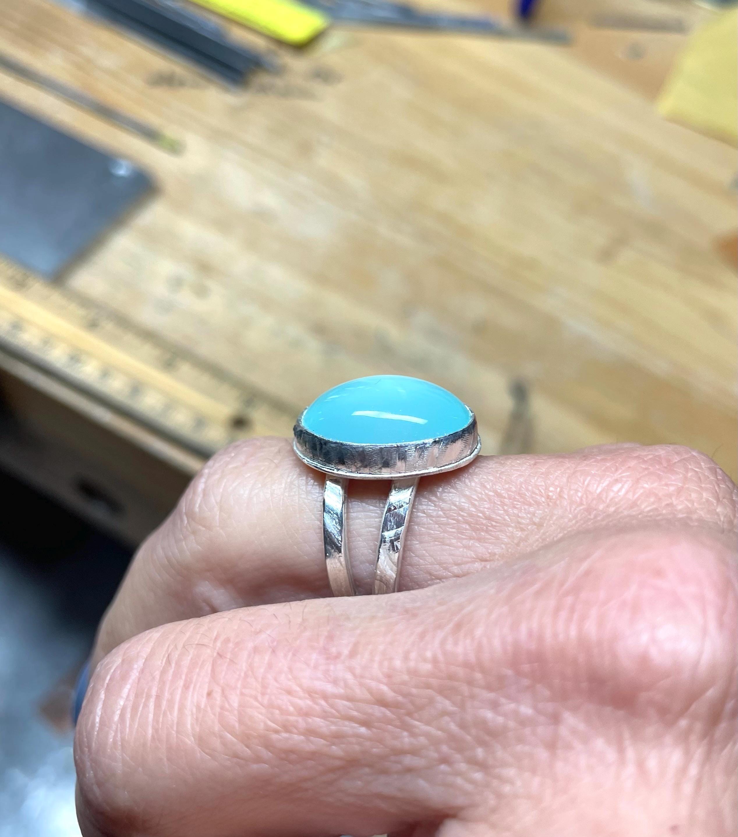 Aqua Chalcedony Statement Ring: Handmade Sterling Silver, US Size 8