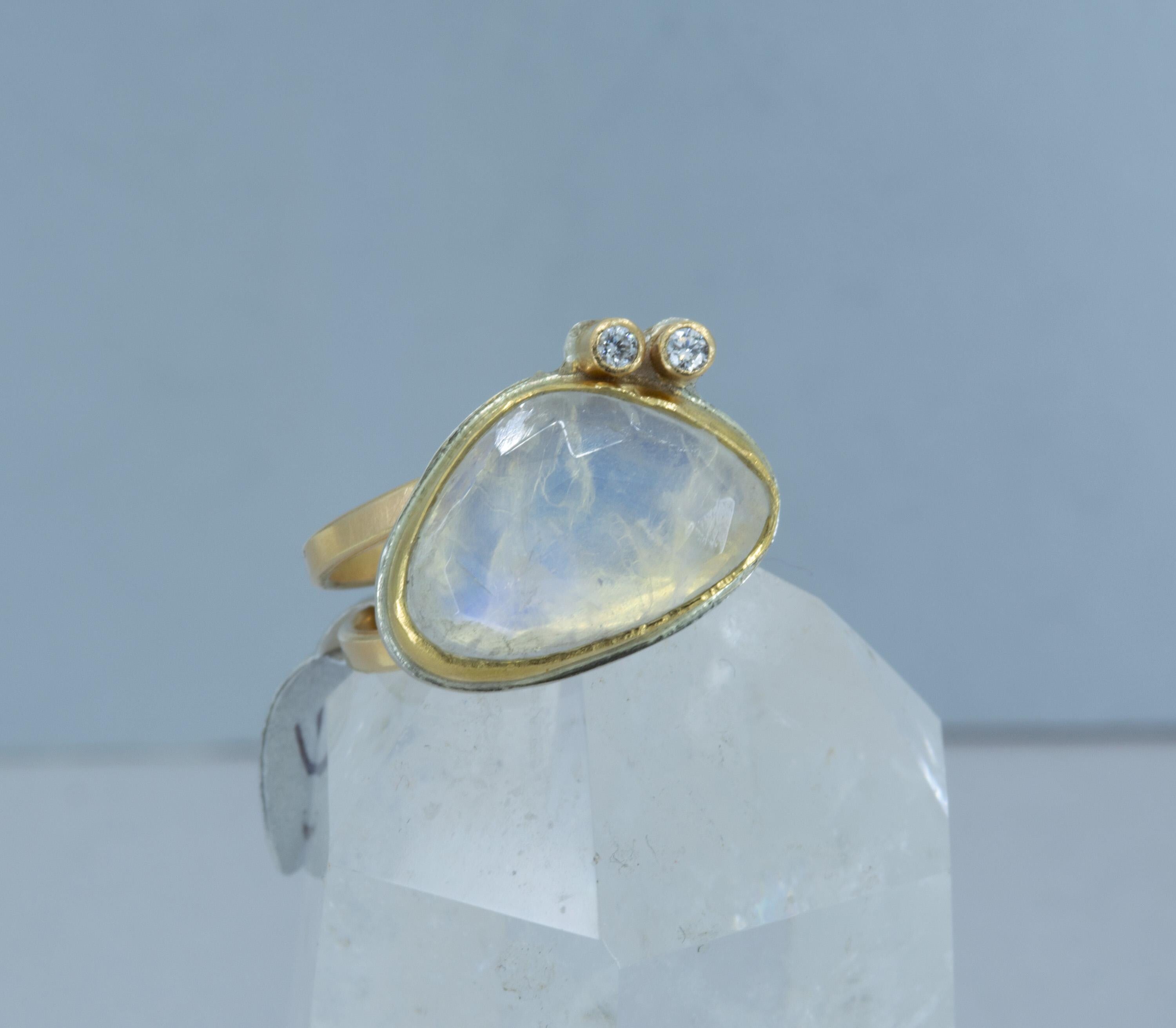 Rainbow Moonstone Diamond Cocktail Ring: 18K Gold, Argentium Silver, US Size 6.5