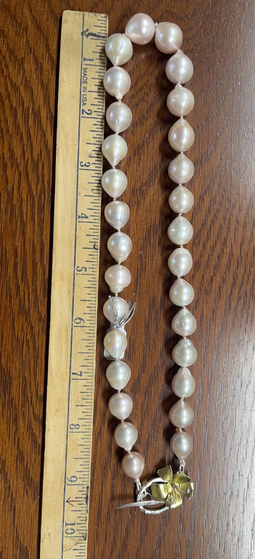 Blush Baroque Pearl Necklace: 18K Gold Flower Toggle, Hand-Knotted Silk