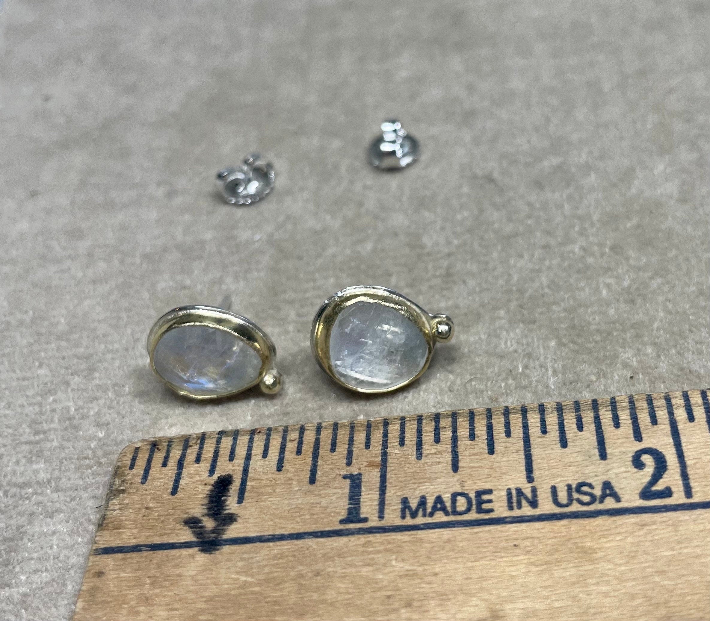 Rose Cut Rainbow Moonstone Stud Earrings: 18k Gold & Argentium Silver
