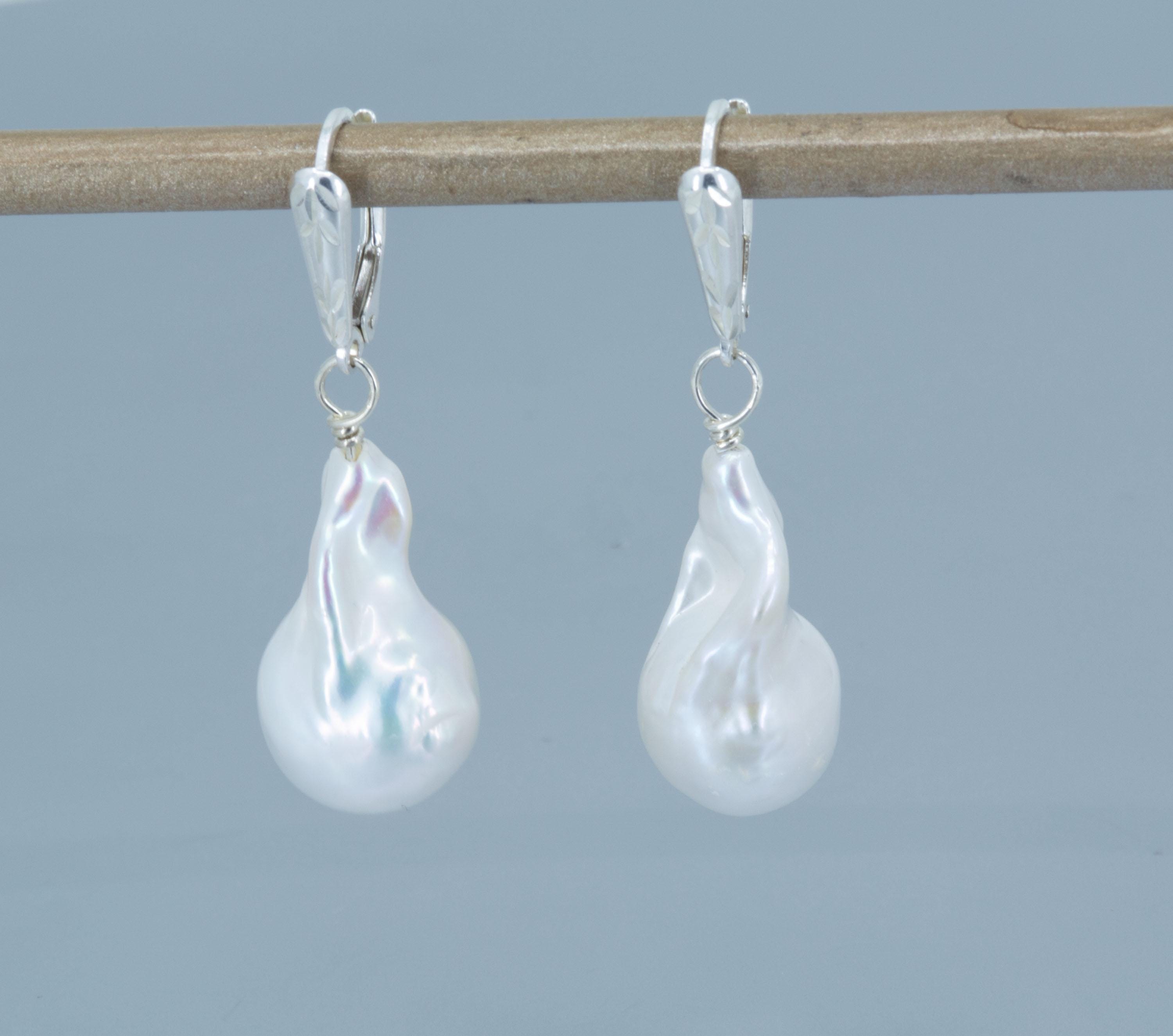 Extra Large Freshwater Pearls in Sterling, White Baroque Pearl Dangle Earrings, June Birthstone