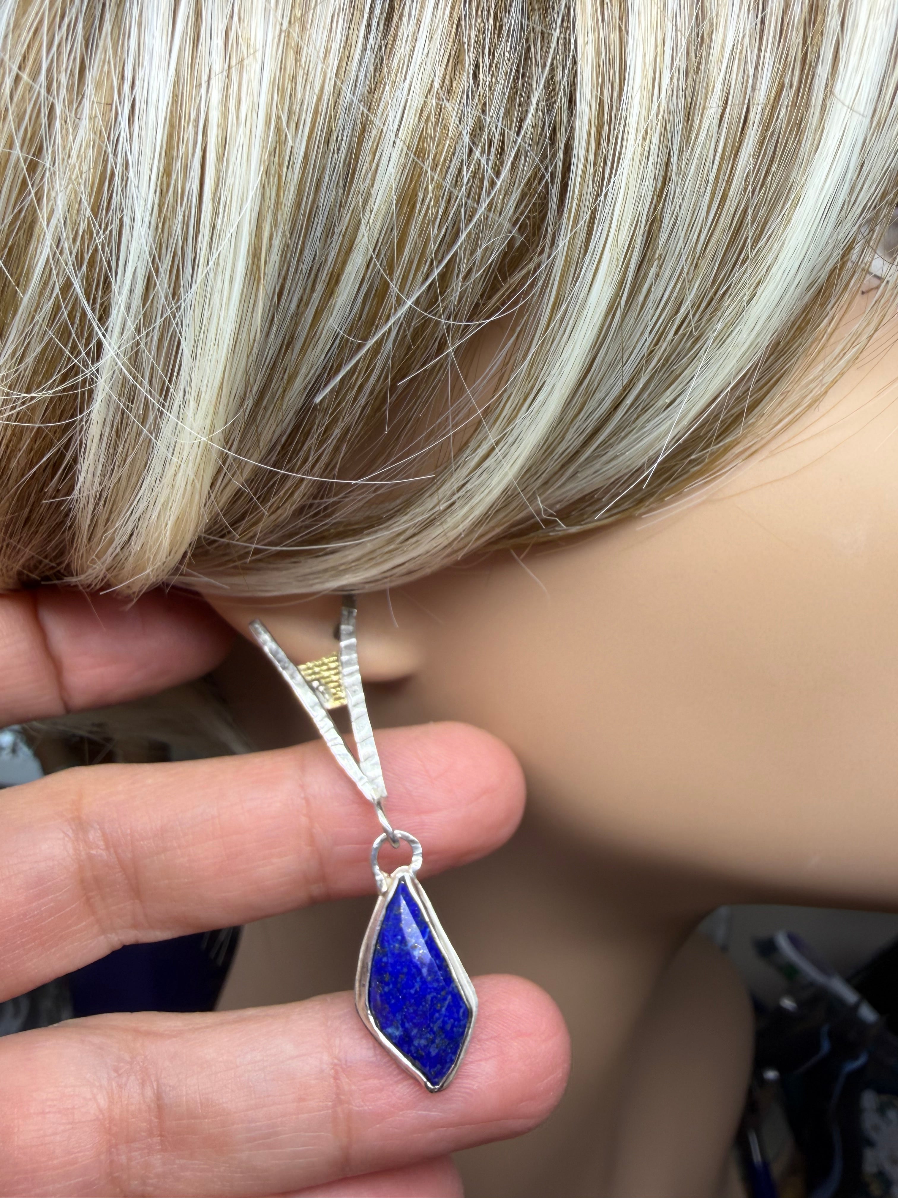 Lapis Dangle Earrings: Silver & 18K Gold, Blue Stone Metalwork Earrings