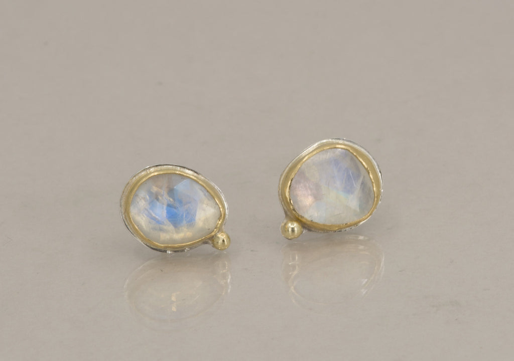 Rose Cut Rainbow Moonstone Stud Earrings: 18k Gold & Argentium Silver