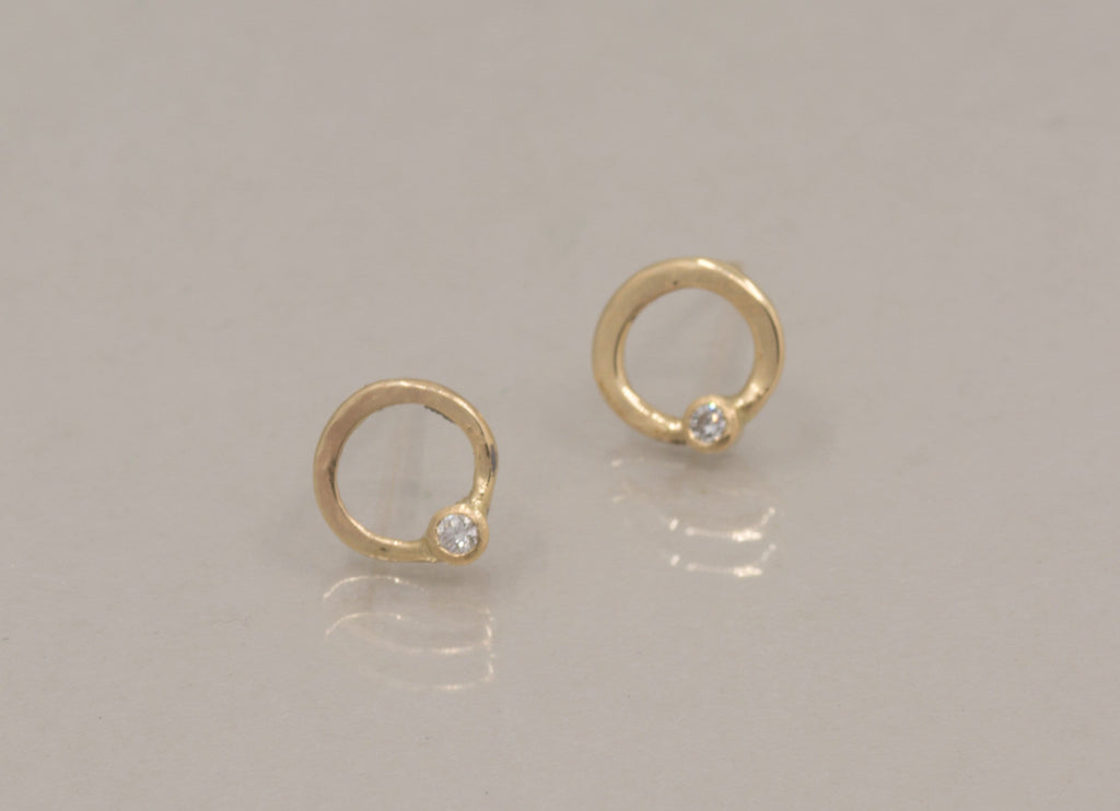 Gold and Diamond Hoop Stud Earrings, April Birthstone, One of a Kind Contemporary Earrings