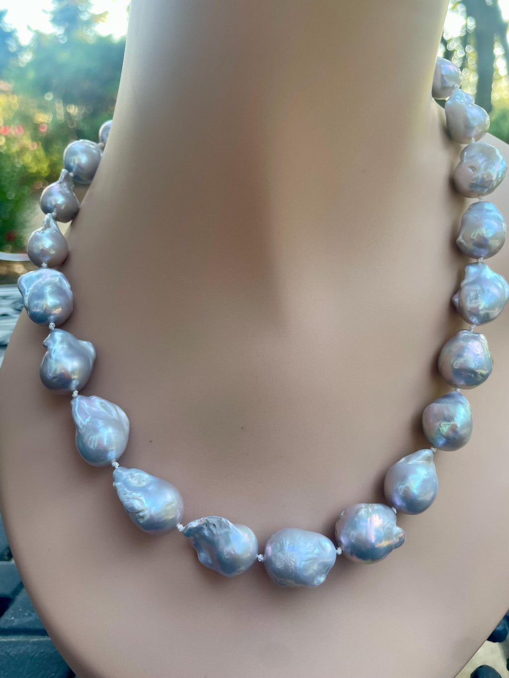 Hand Knotted Baroque Pearl Necklace: Sterling Silver Toggle, Gemstone Clasp