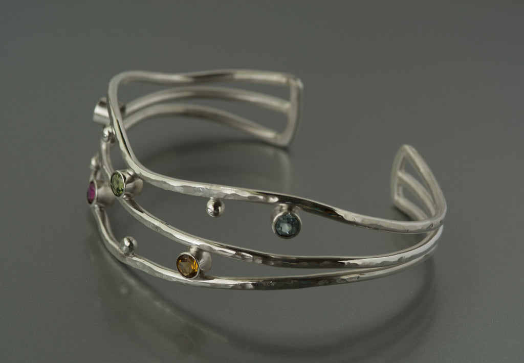 Birthstone Cuff Bracelet in Sterling Silver with Multi Stones, Personalized Cuff, Made to Order