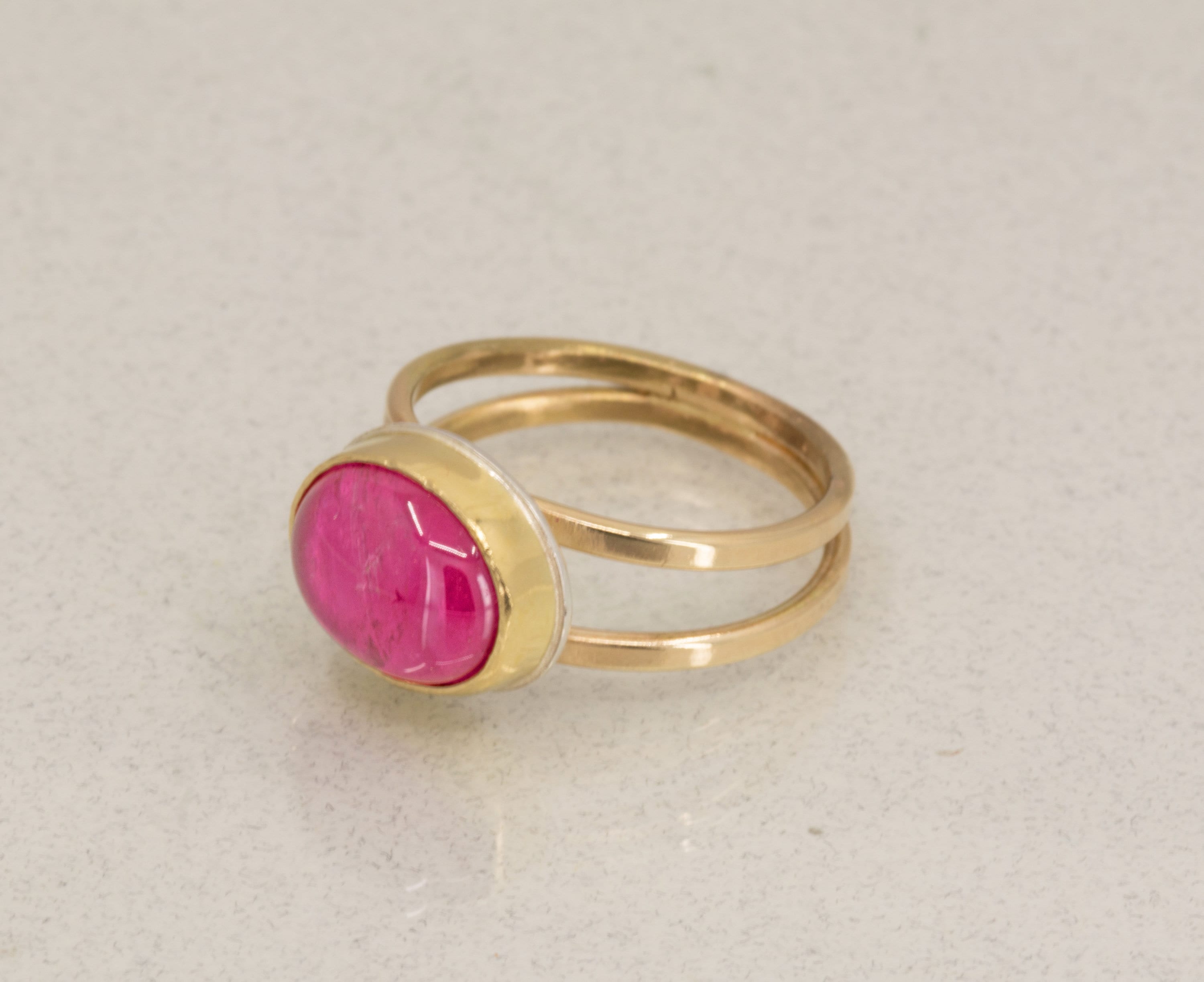 Pink Tourmaline Cabochon Ring: 18K Gold, Handmade Double Band Ring