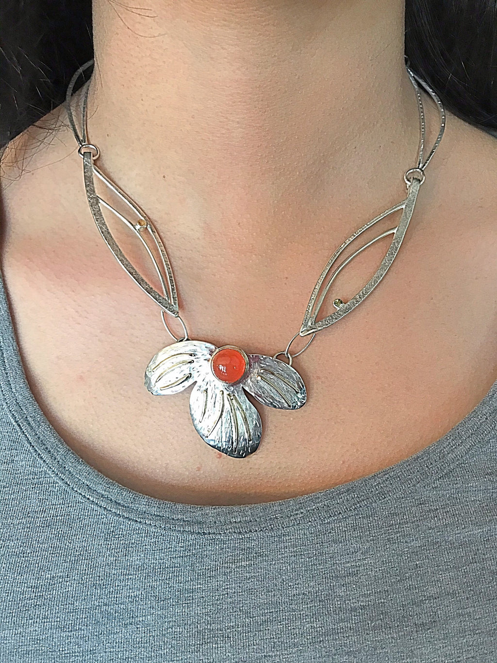 Handmade Floral Necklace: Silver, 14K Gold, Carnelian Statement Jewelry