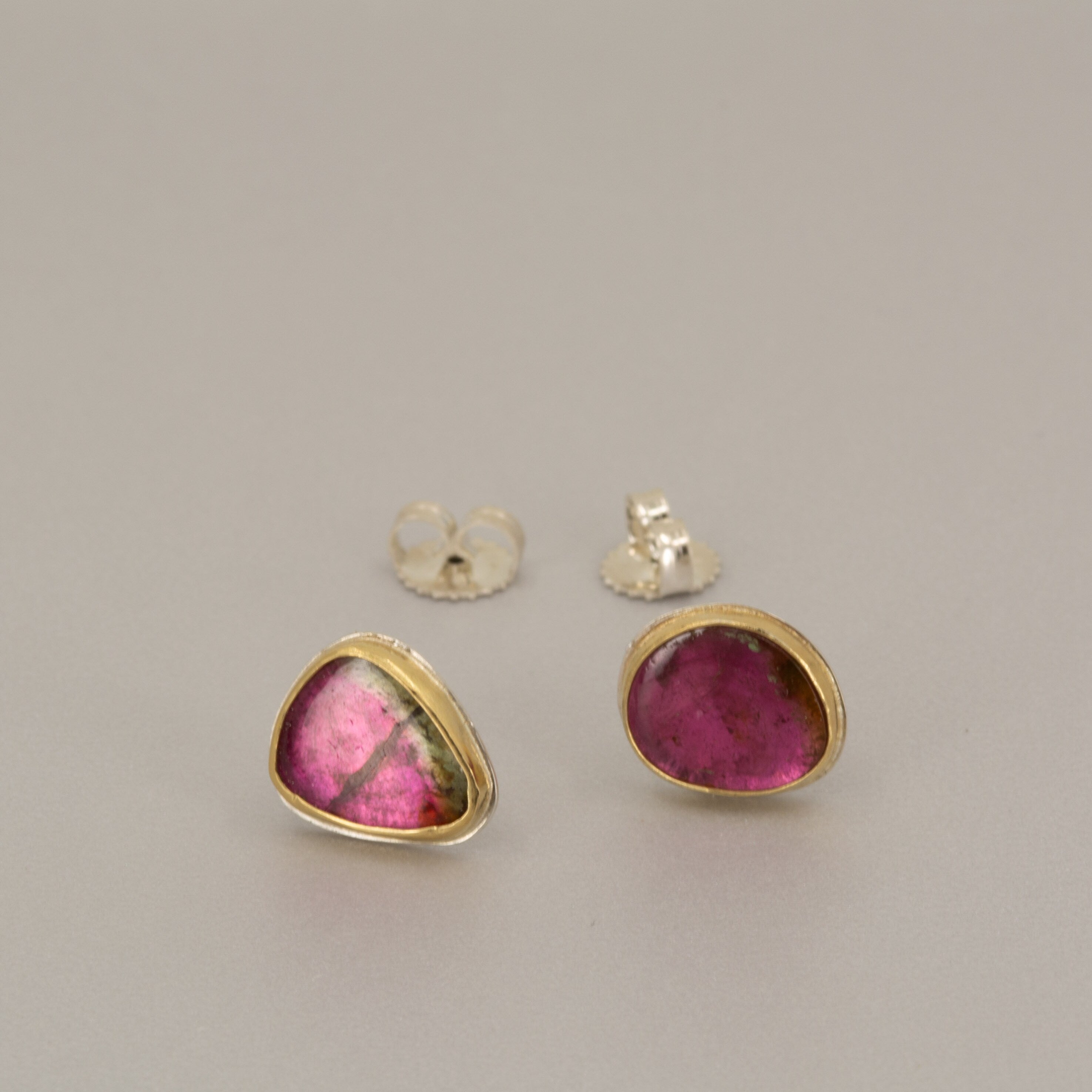 18K Gold Watermelon Tourmaline Earrings: Argentium Sterling Silver Studs