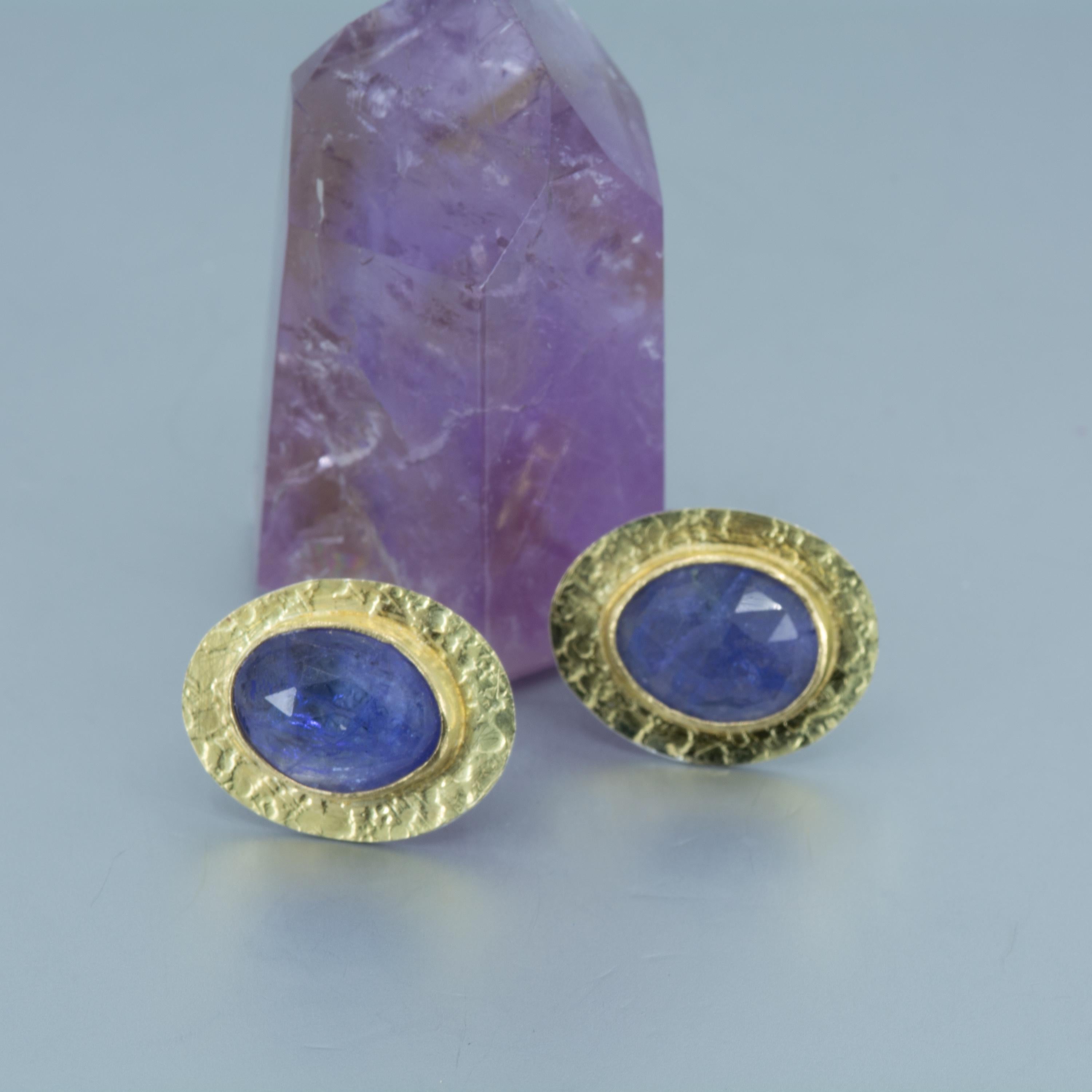 18K Gold Tanzanite Stud Earrings: Rose Cut, Sterling Silver Back