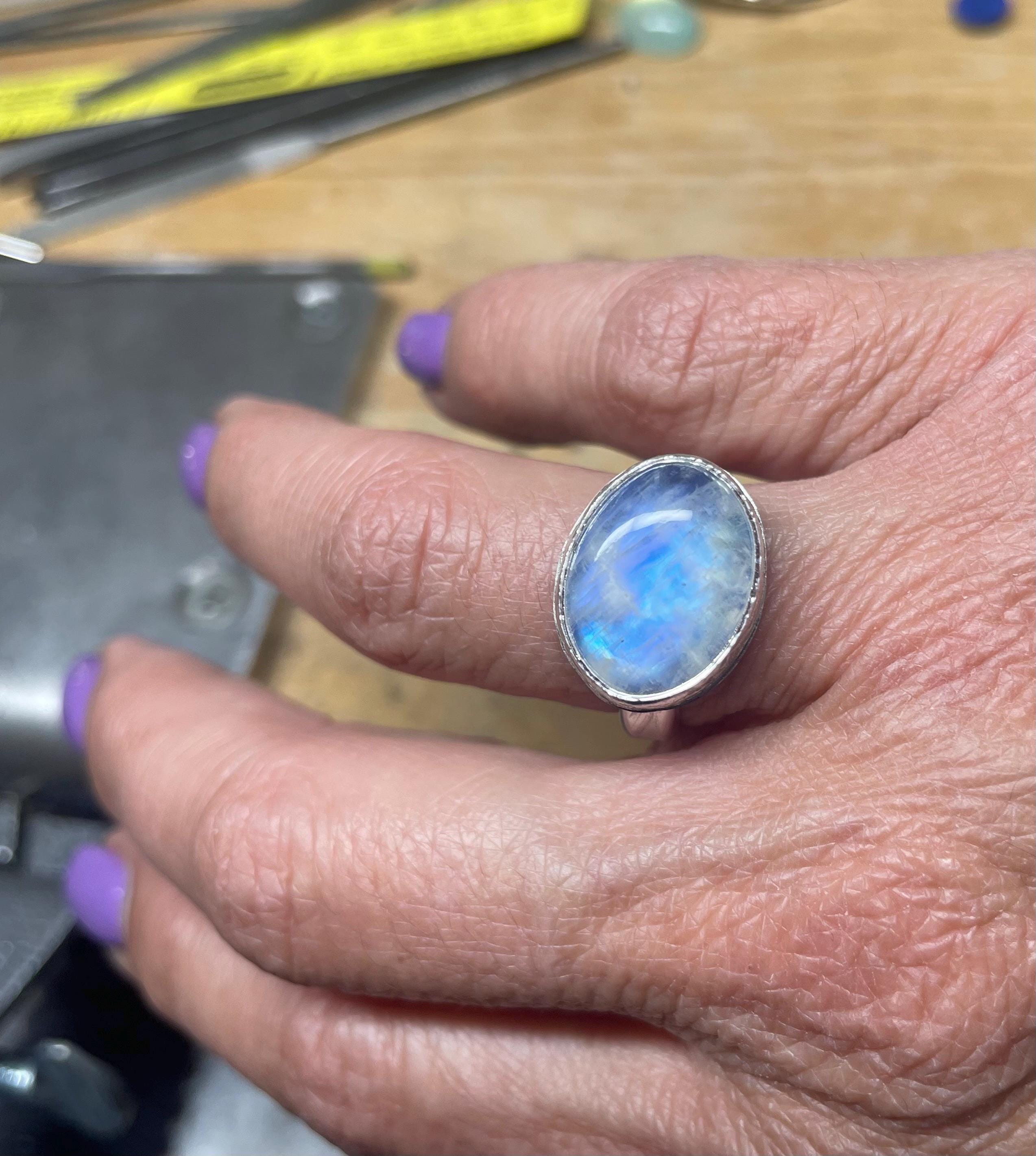 Rainbow Moonstone Cabochon Ring in Sterling Silver, US Size 8