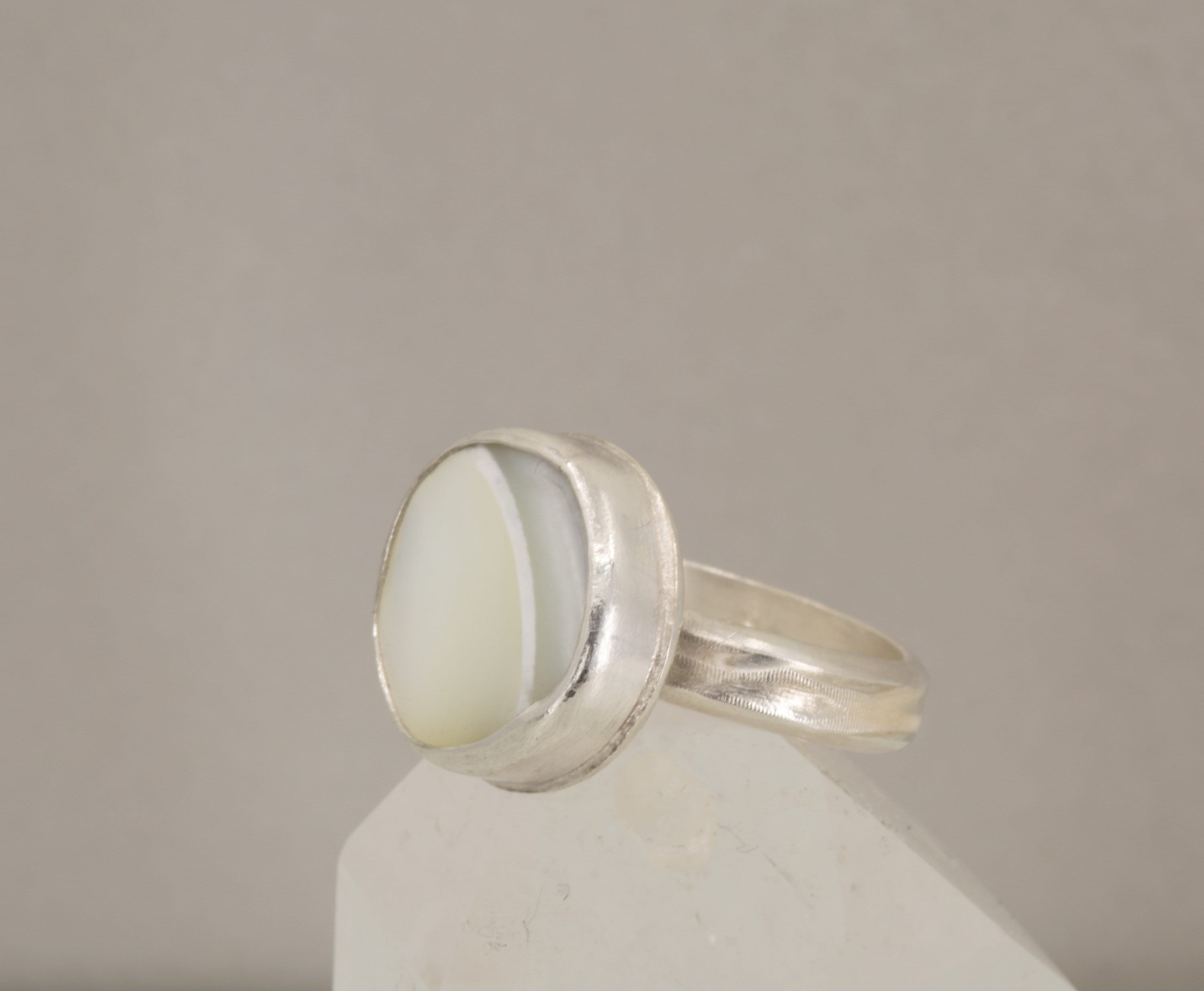 Large Mother of Pearl Sterling Silver Ring: Textured Band, Statement Jewelry