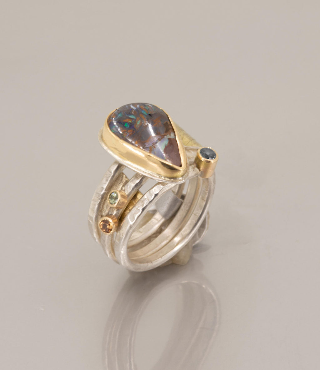 Boulder Opal 18K Gold Ring: Handmade Sterling Silver Multi-Band, US Size 8 or 8.5
