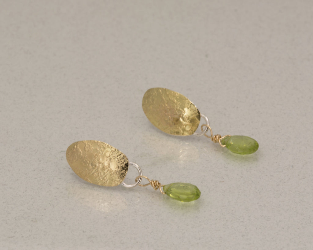 Peridot Drop Earrings: 18K Gold Leaf, Sterling Silver Posts, August Birthstone