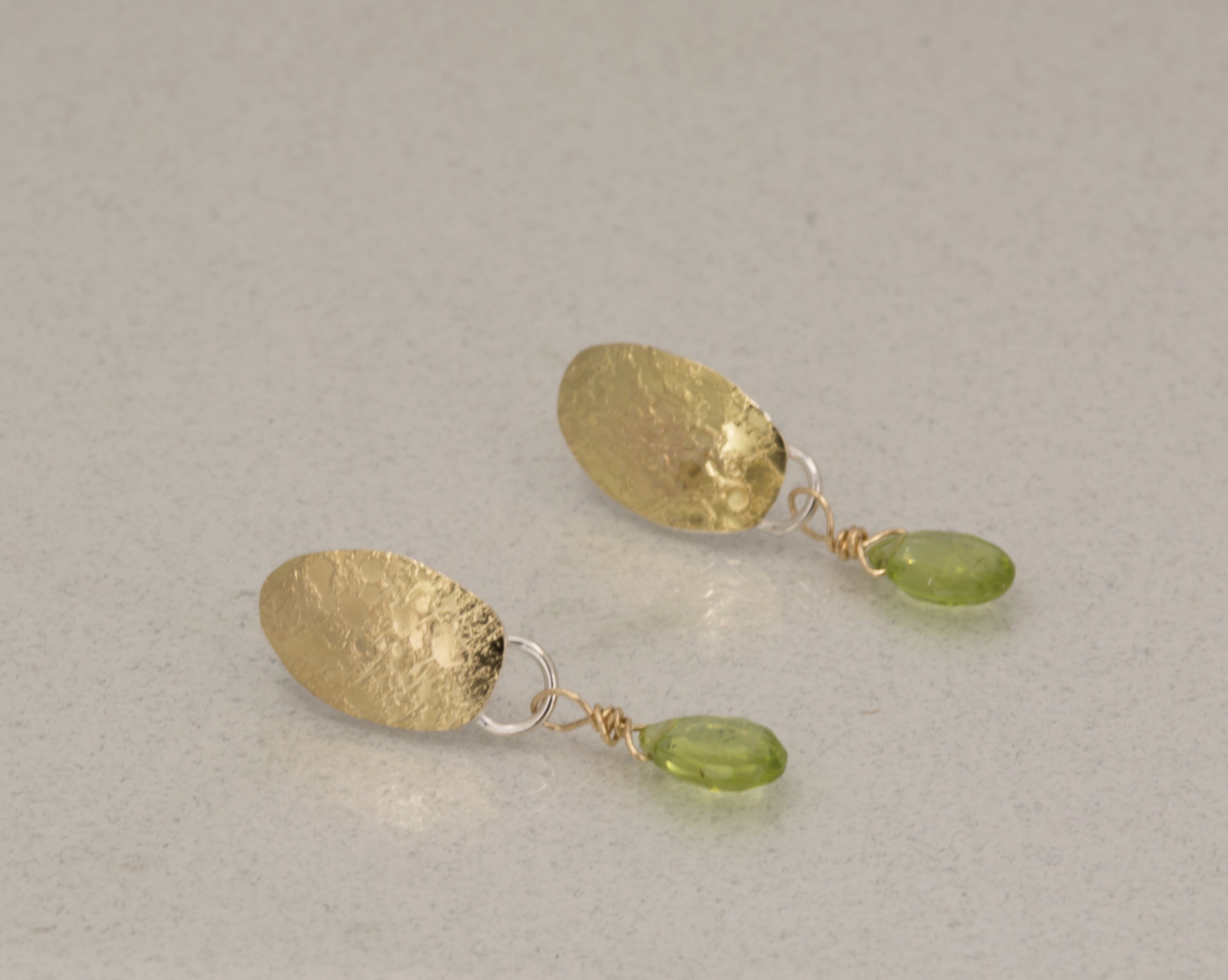 Peridot Drop Earrings: 18K Gold Leaf, Sterling Silver Posts, August Birthstone