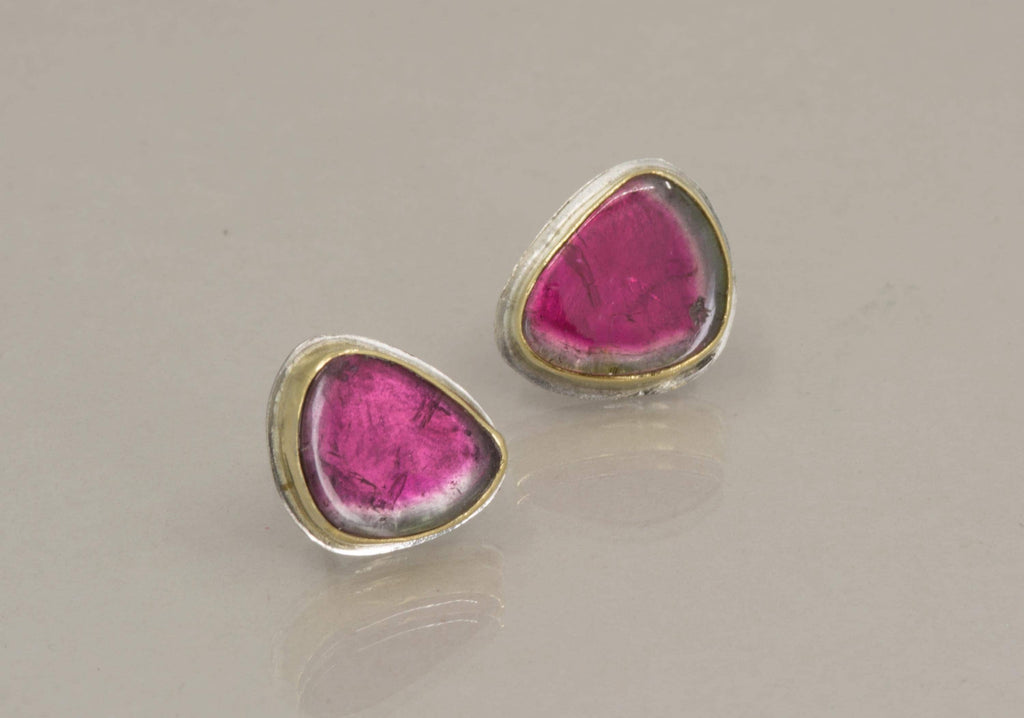 18K Gold Watermelon Tourmaline Earrings, Sterling Silver Back - October Birthstone