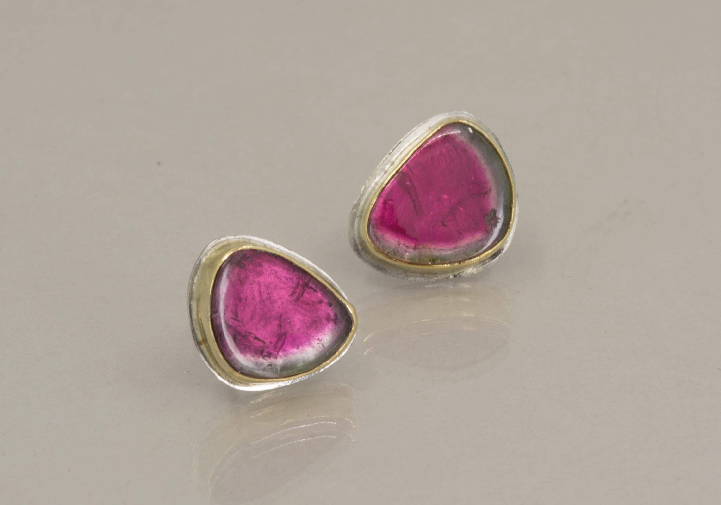 18K Gold Watermelon Tourmaline Earrings, Sterling Silver Back - October Birthstone