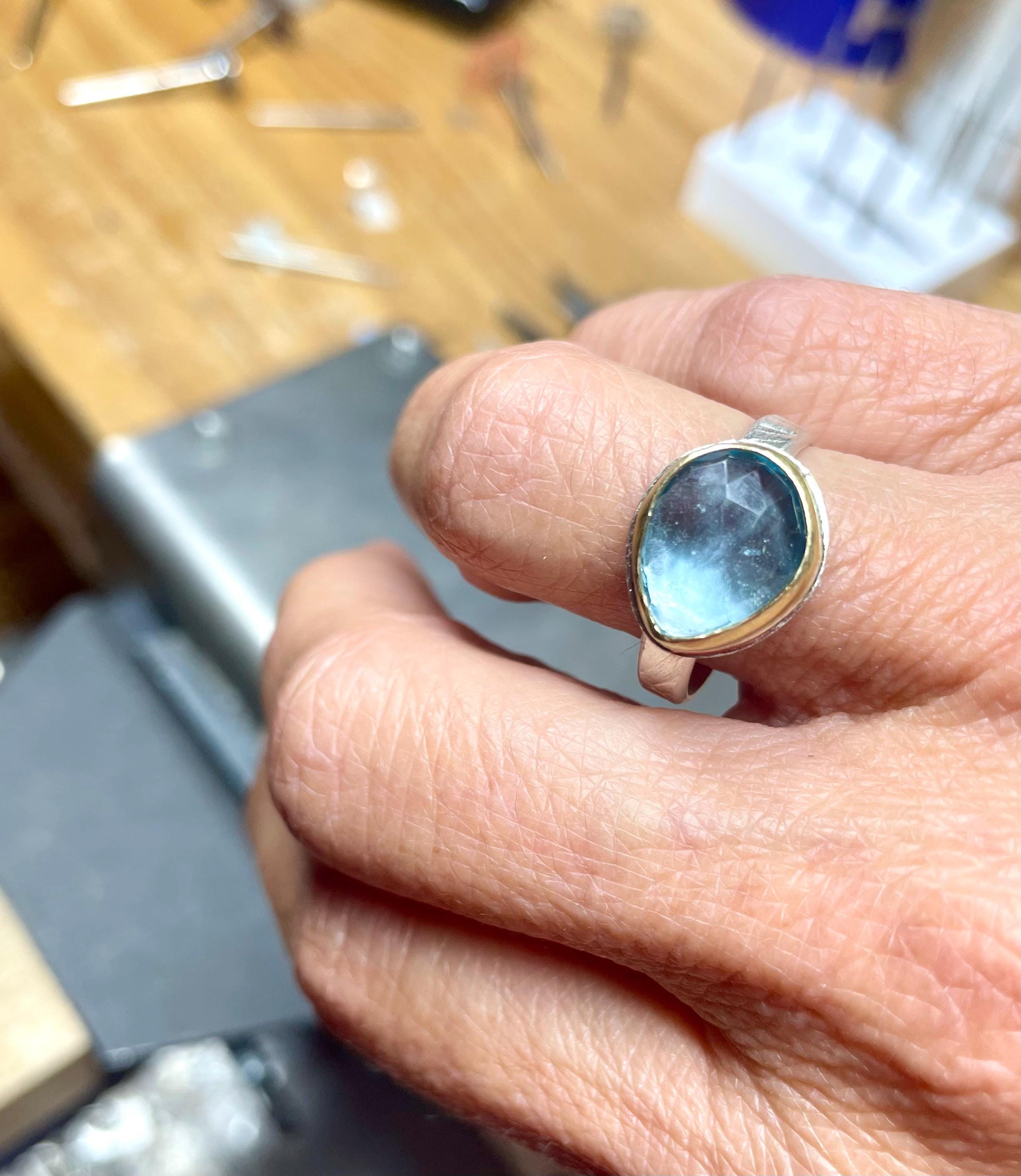 Rose Cut Swiss Blue Topaz Ring: 18K Gold & Sterling Silver