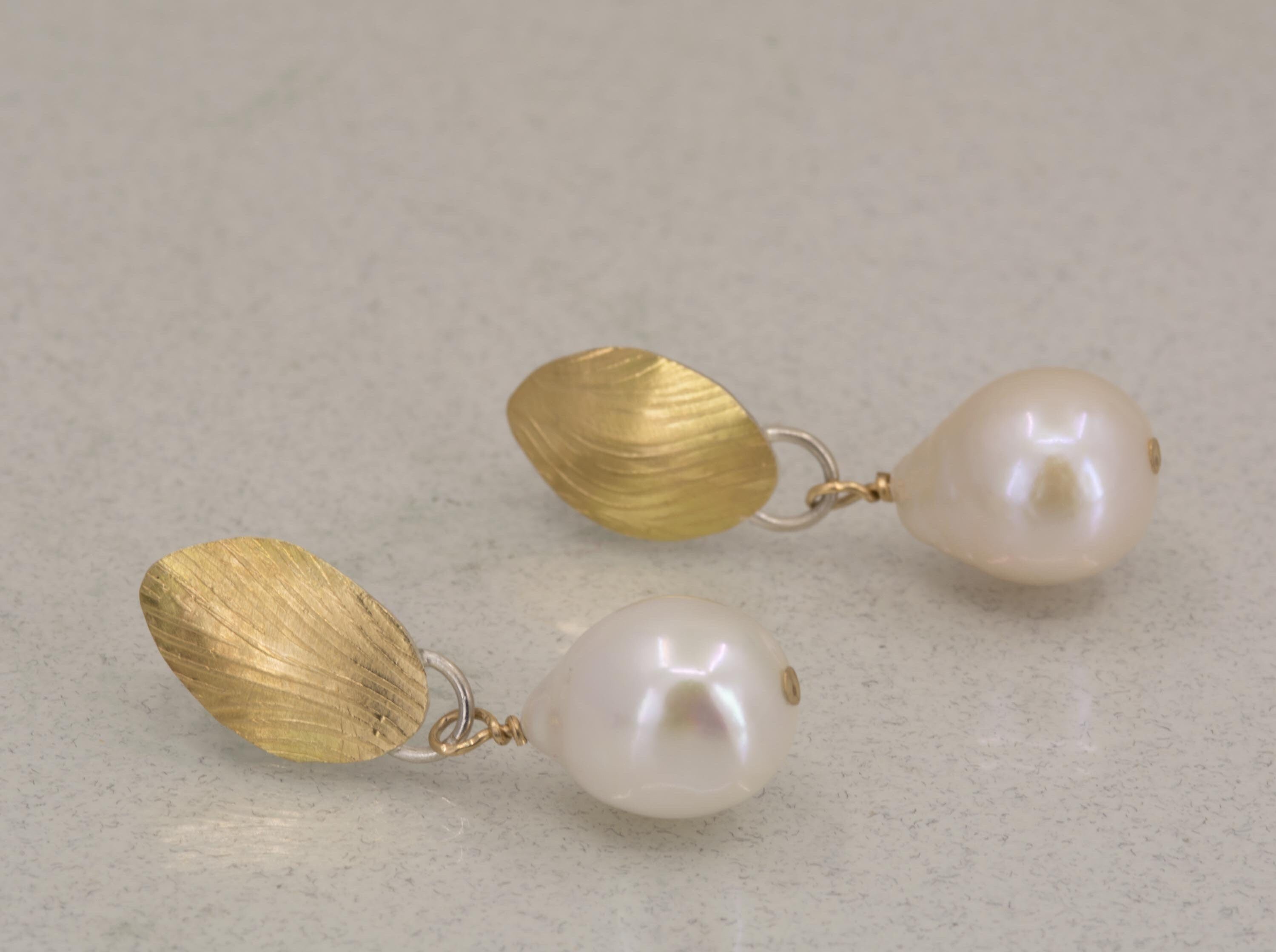 White Pearl Earrings: 18K Gold Leaf, Sterling Silver Posts