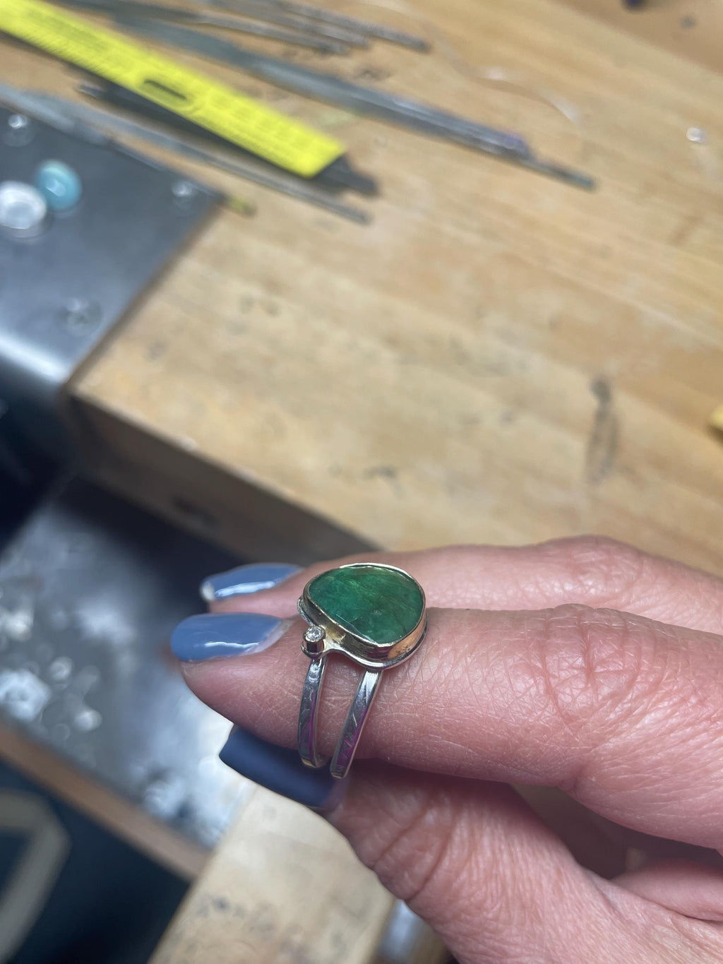 Rose Cut Emerald and Diamond Ring: Green Gemstone, Gold & Sterling Silver, US Size 7.75