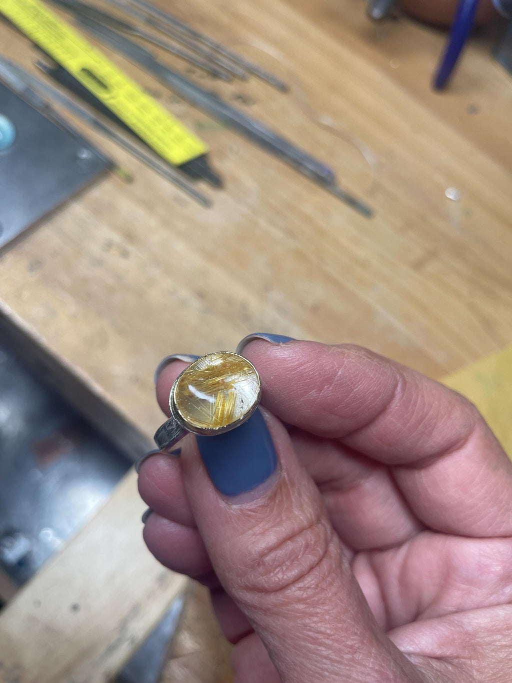 Golden Rutilated Quartz Ring: 18K & Argentium Sterling Silver, US Size 7