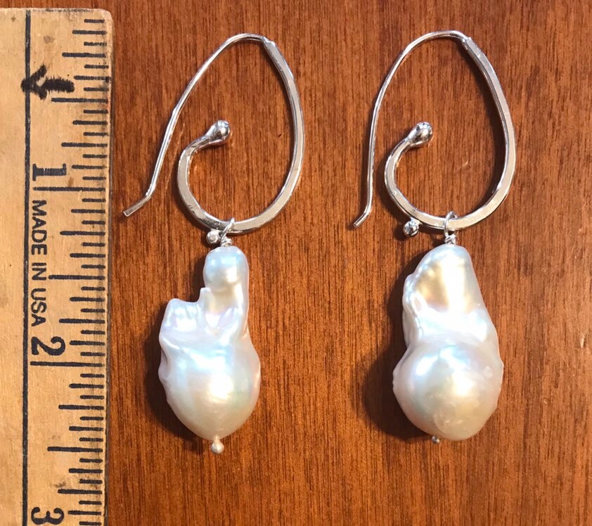 Extra Large Baroque Pearl Hoop Earrings: Argentium Sterling Silver