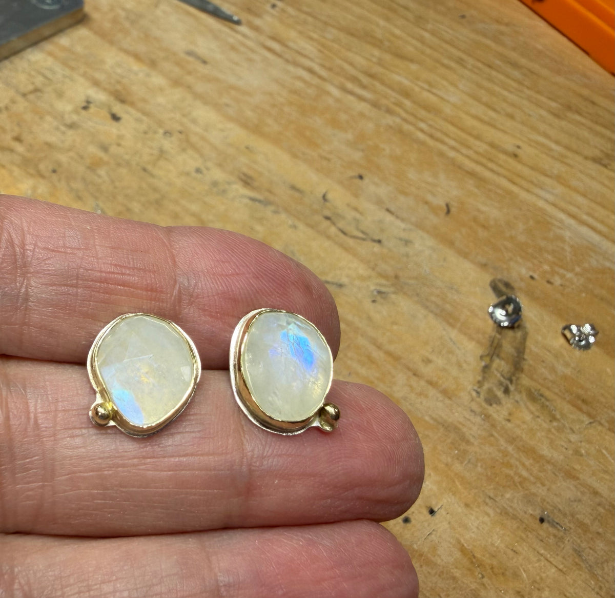 Rainbow Moonstone Stud Earrings | 18K Gold & Argentium Silver