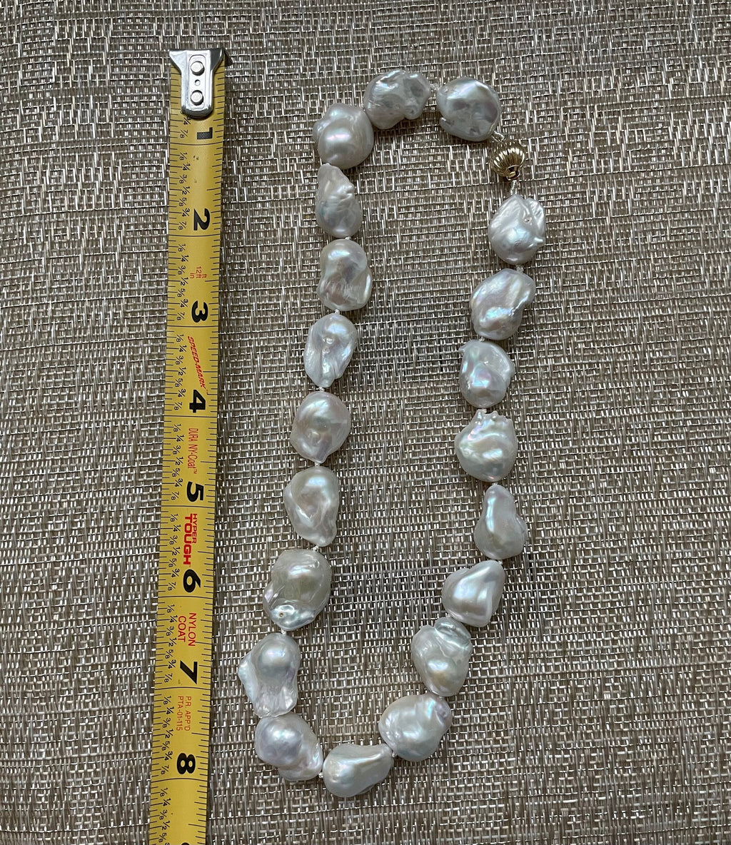Large White Baroque Knotted Pearl Necklace with 14k Clasp, June birthstone