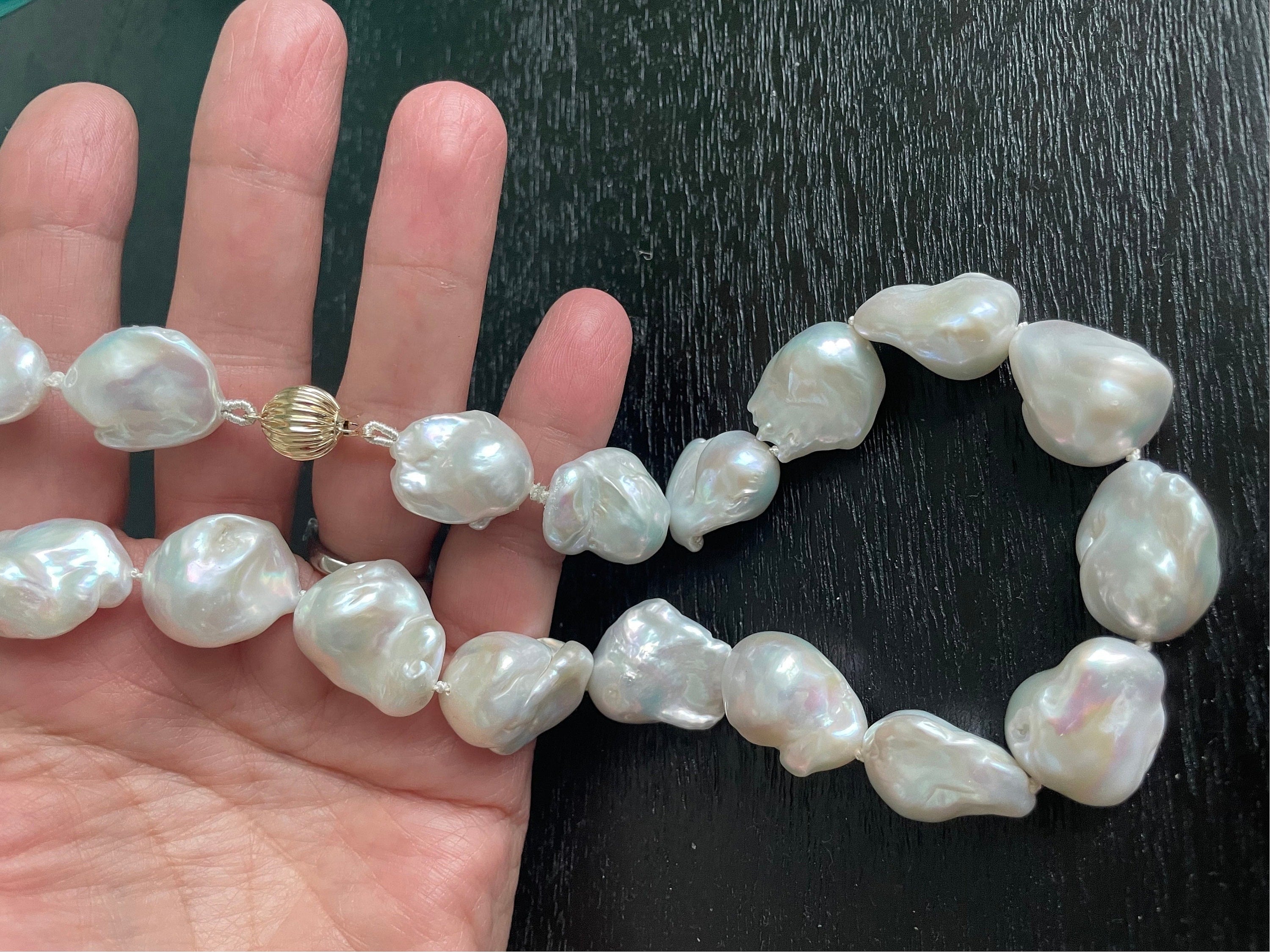 Large White Baroque Knotted Pearl Necklace with 14k Clasp, June birthstone
