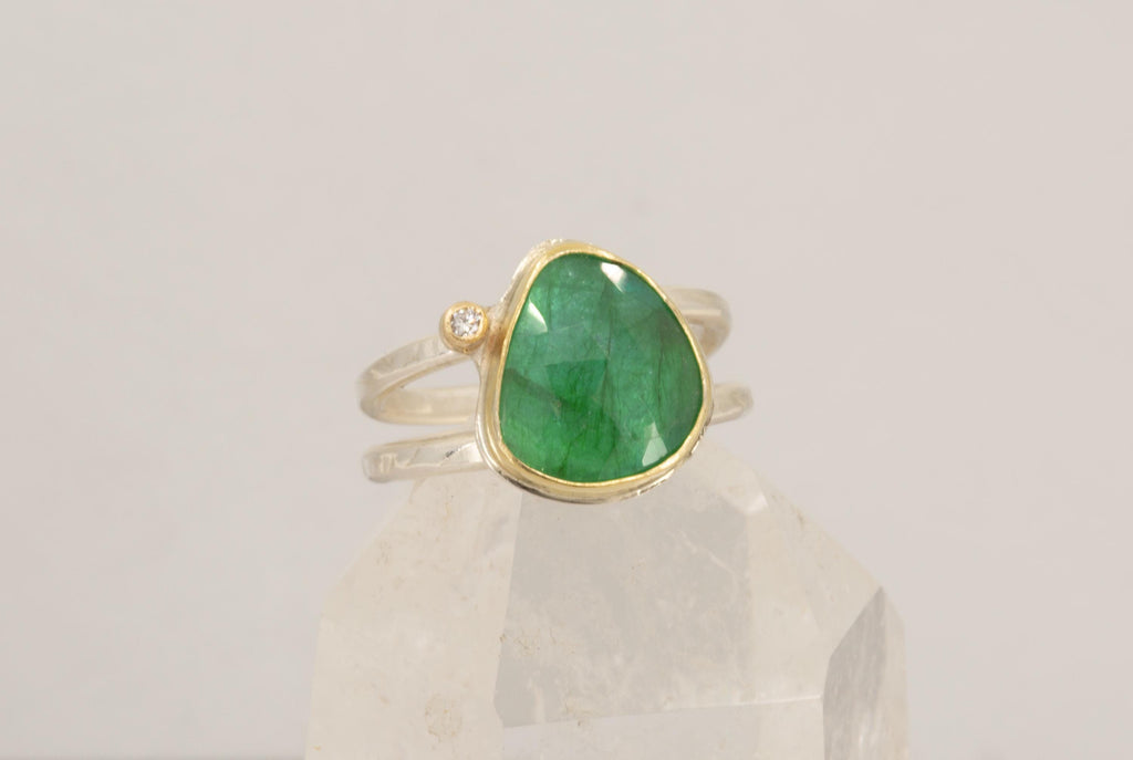 Rose Cut Emerald and Diamond Ring: Green Gemstone, Gold & Sterling Silver, US Size 7.75