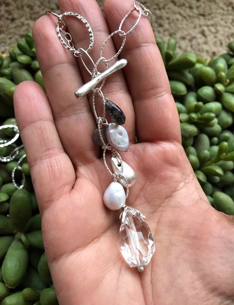 Clear Quartz Lariat Necklace: Sterling Silver Chain, Gemstone Dangles
