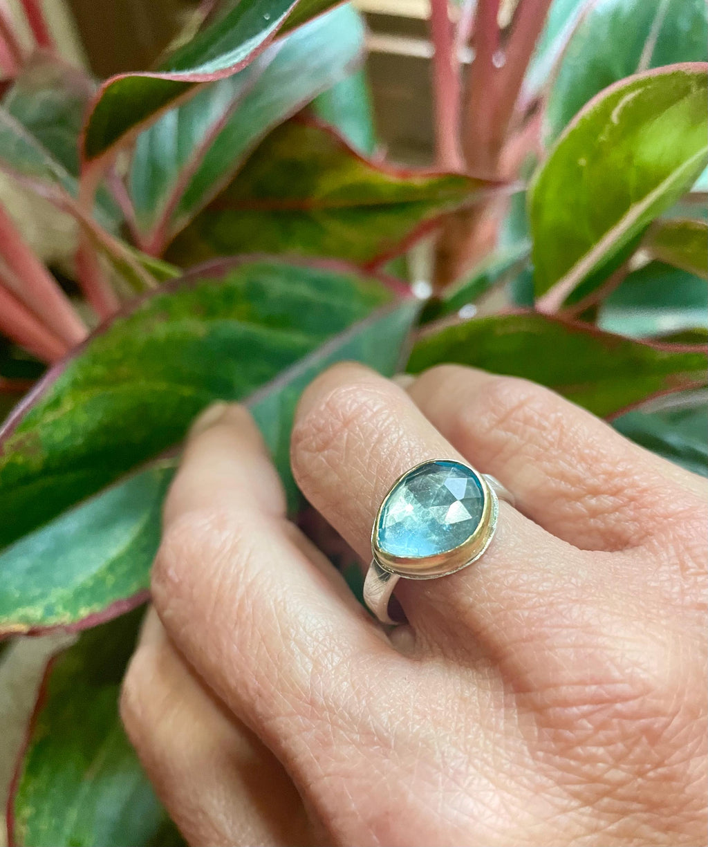 Rose Cut Swiss Blue Topaz Ring: 18K Gold & Sterling Silver