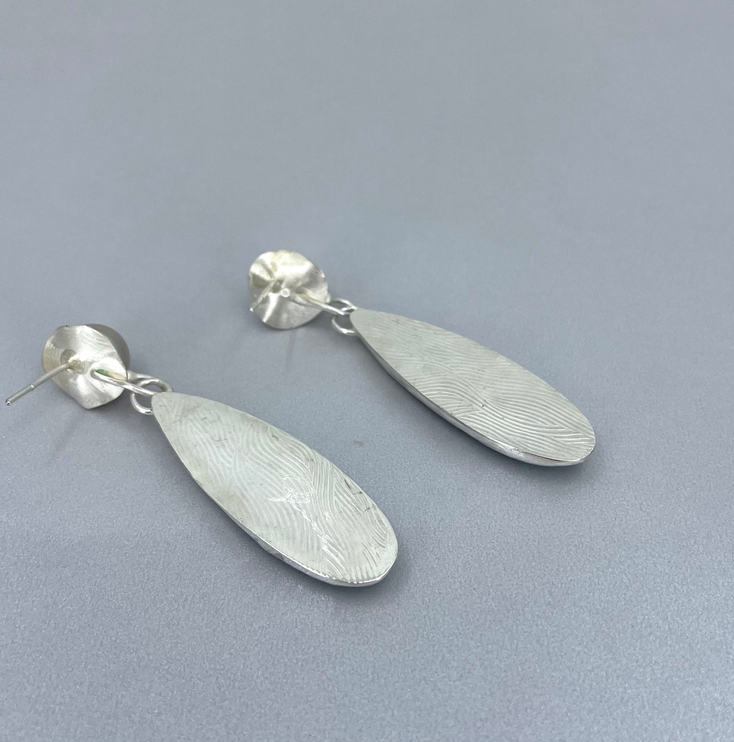 Snowflake Obsidian Drop Earrings: Argentium Sterling Silver, Pearl Posts