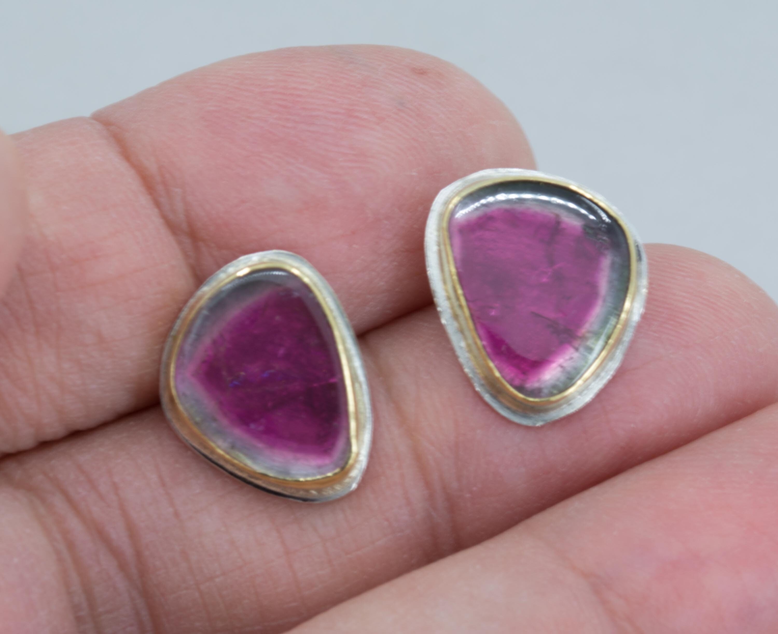 18K Gold Watermelon Tourmaline Earrings, Sterling Silver Back - October Birthstone