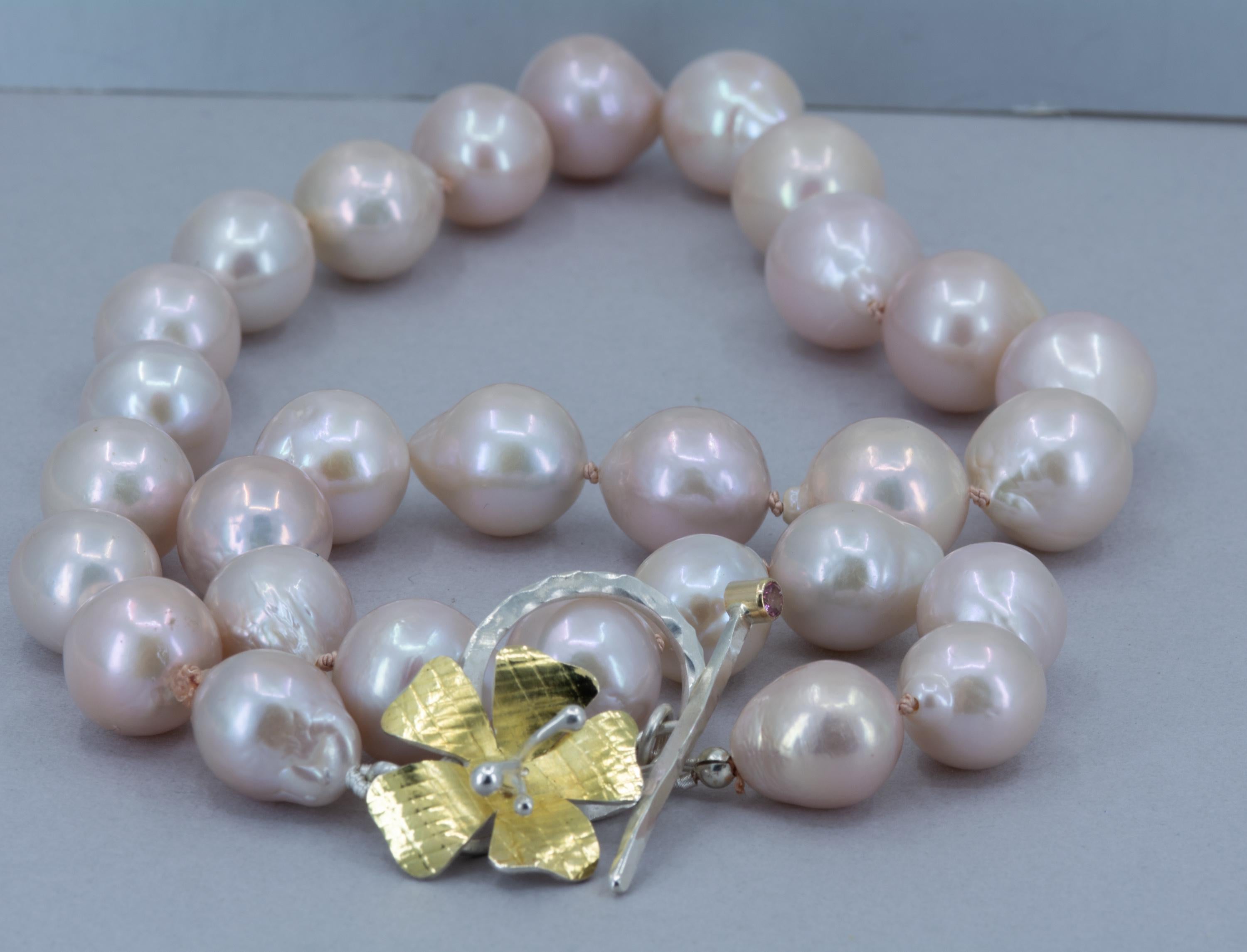 Blush Baroque Pearl Necklace: 18K Gold Flower Toggle, Hand-Knotted Silk