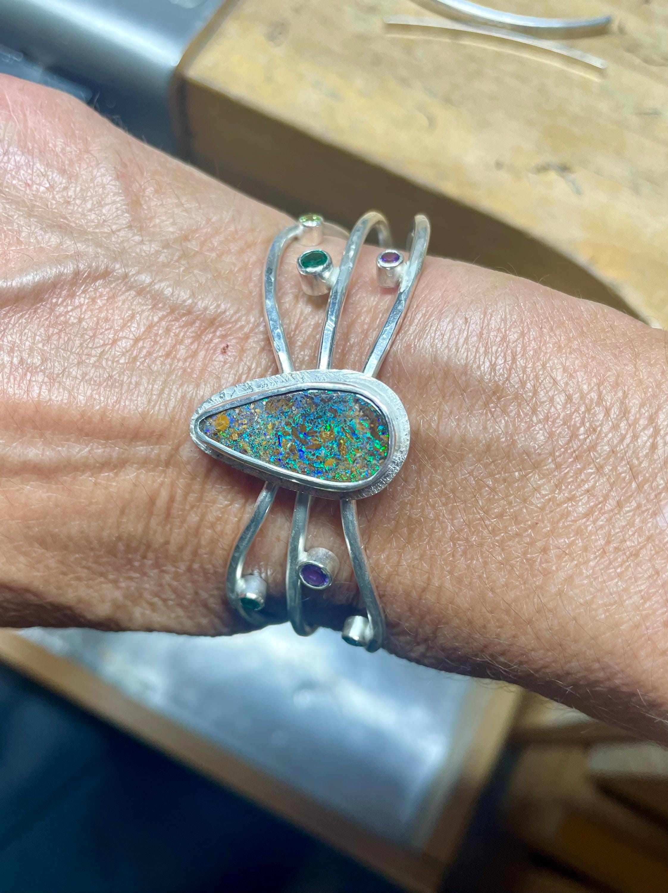 Boulder Opal Cuff Bracelet: Sterling Silver, Emerald, Amethyst