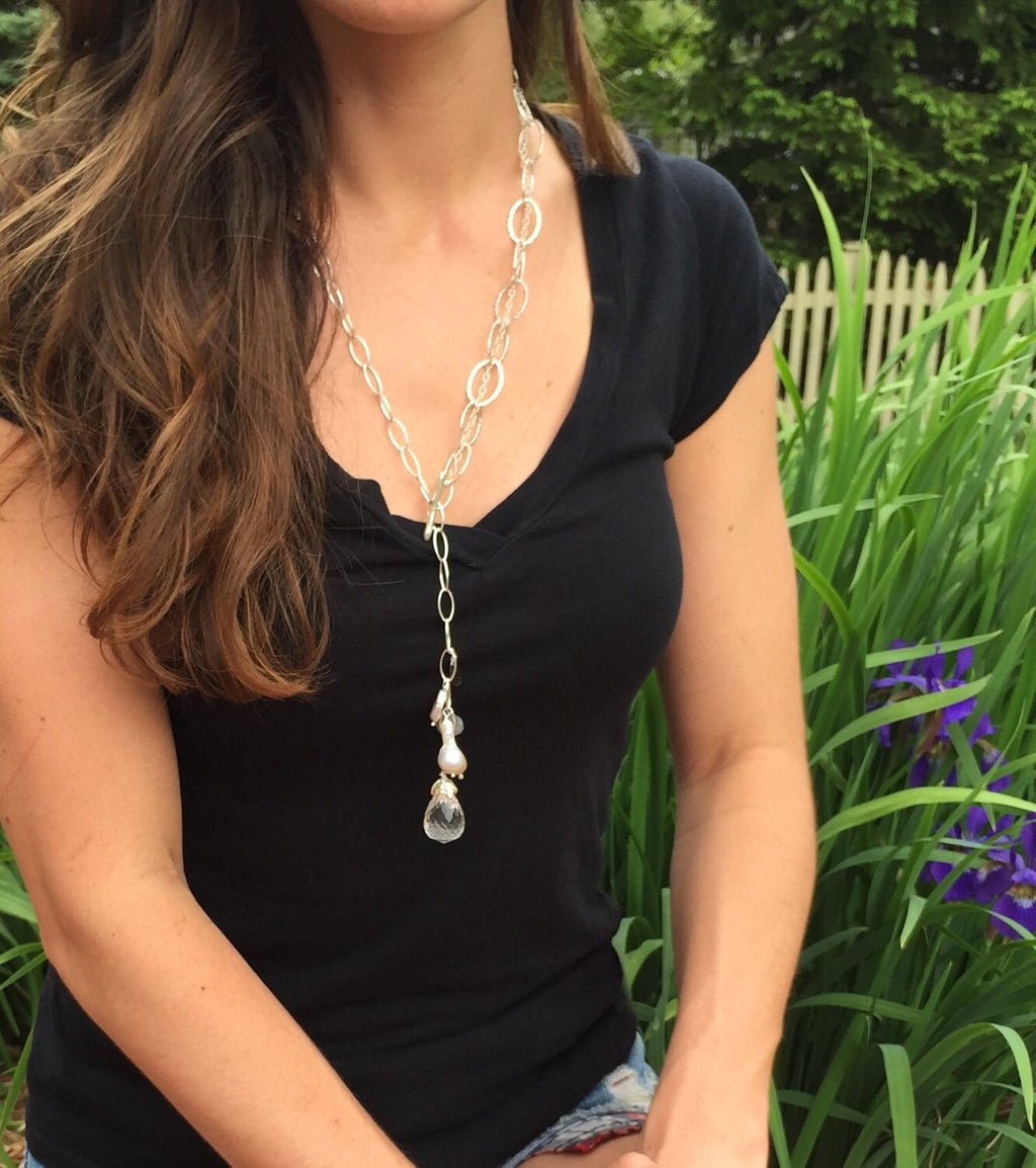 Clear Quartz Lariat Necklace: Sterling Silver Chain, Gemstone Dangles