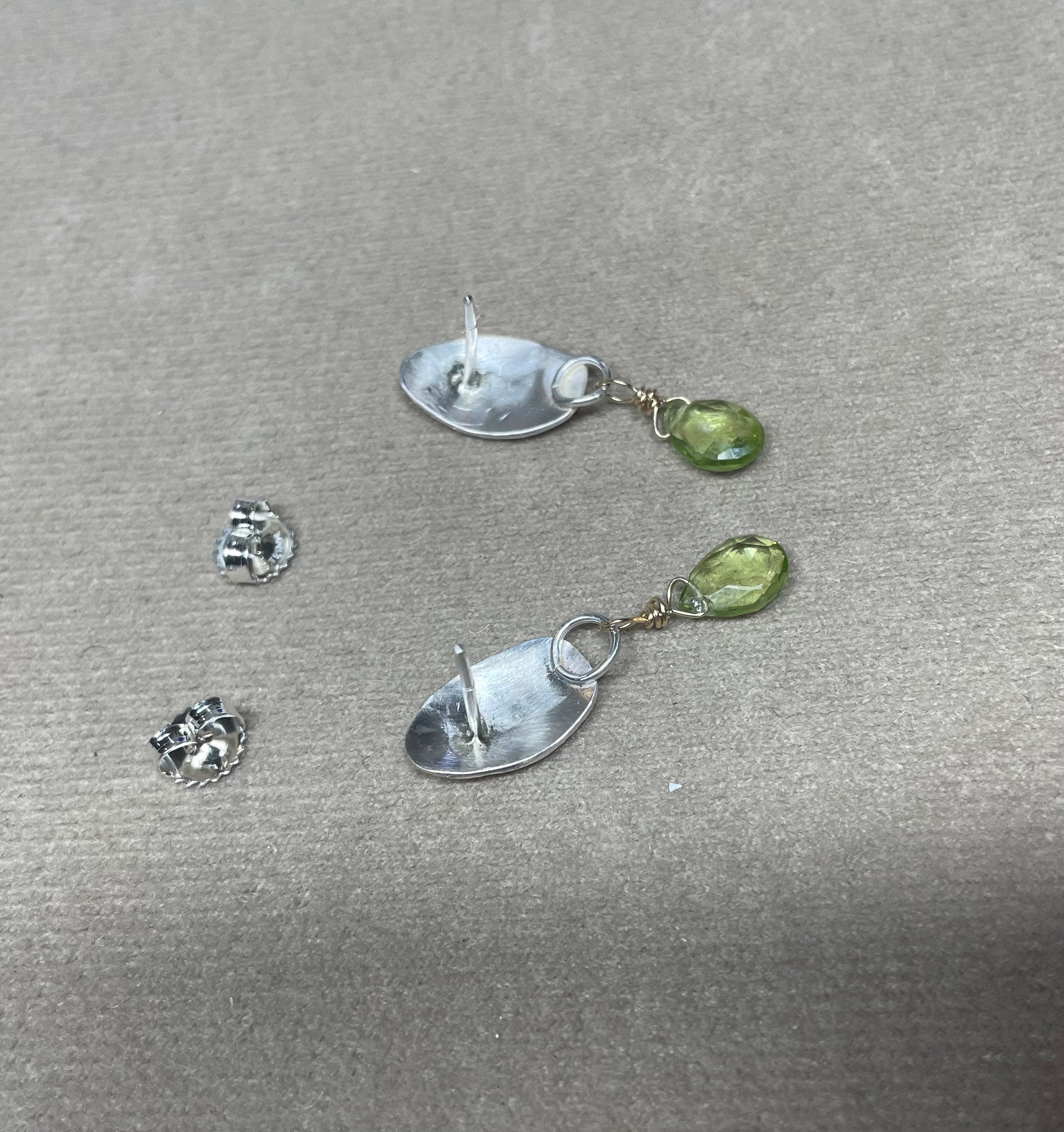 Peridot Drop Earrings: 18K Gold Leaf, Sterling Silver Posts, August Birthstone