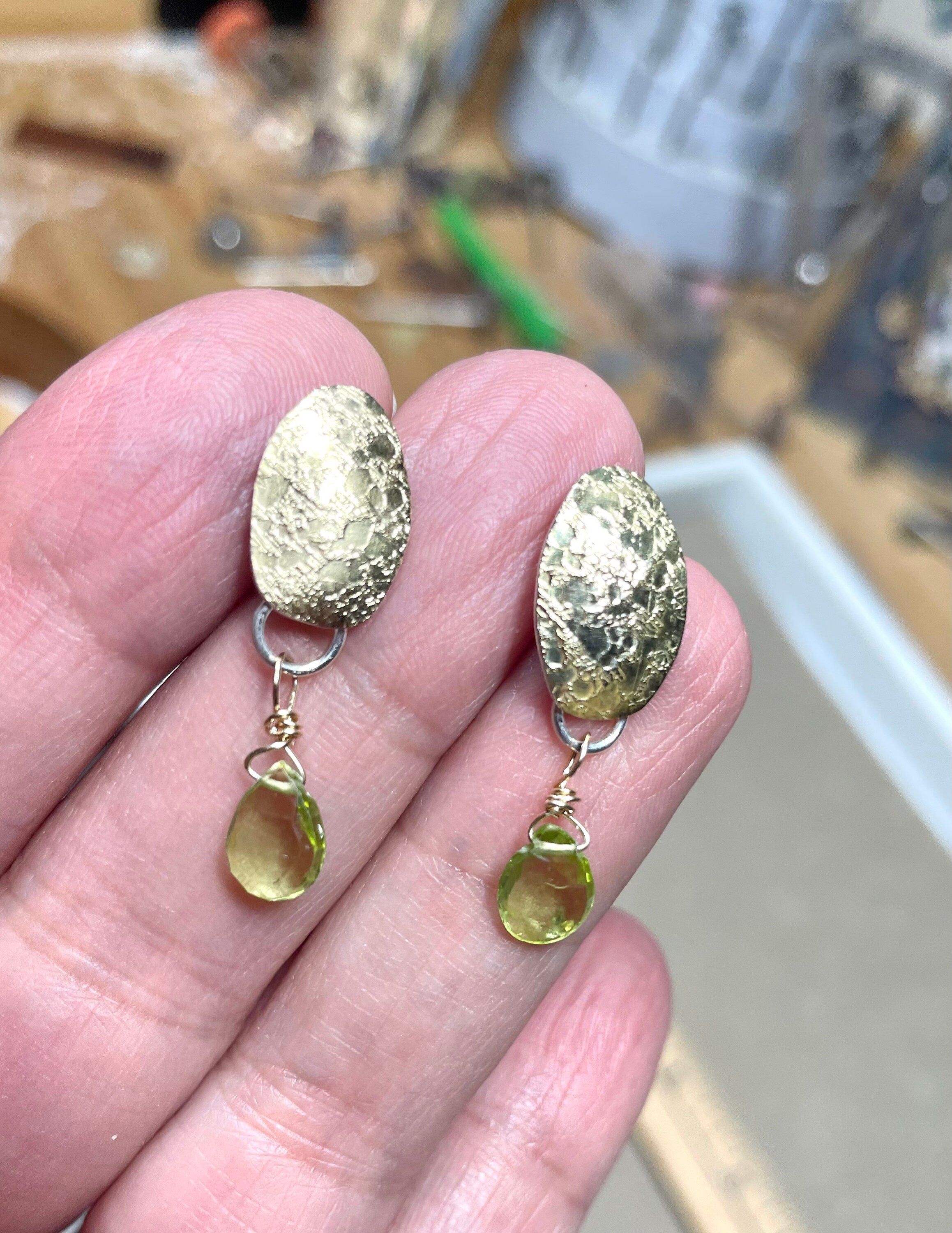 Peridot Drop Earrings: 18K Gold Leaf, Sterling Silver Posts, August Birthstone